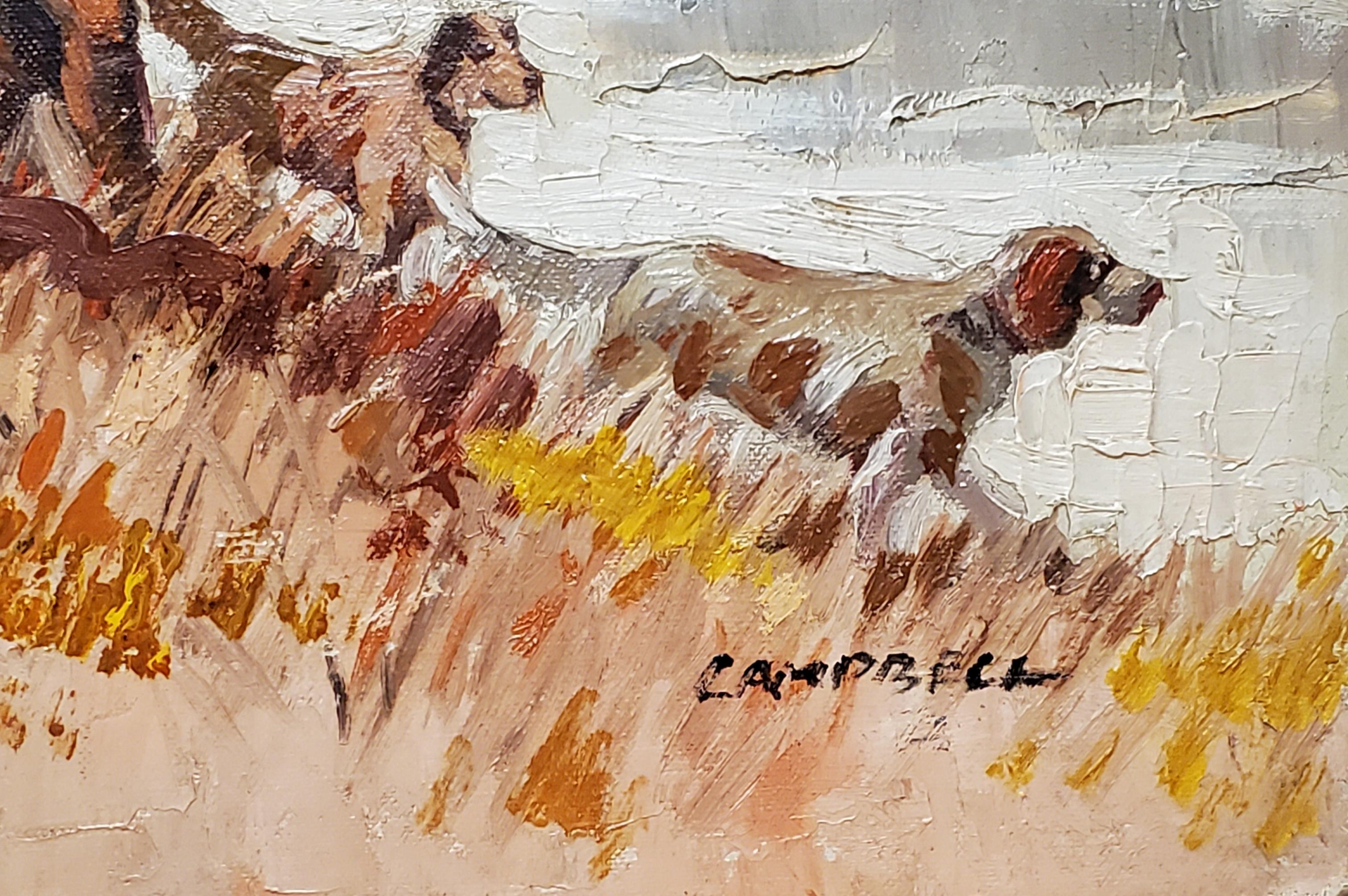 Bright Autumn Impressionistische Landschaft eines Mannes auf der Jagd mit seinen Hunden (Braun), Landscape Painting, von Hugh Campbell