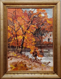 Bright Autumn Impressionist Landscape of Man Hunting With His Dogs