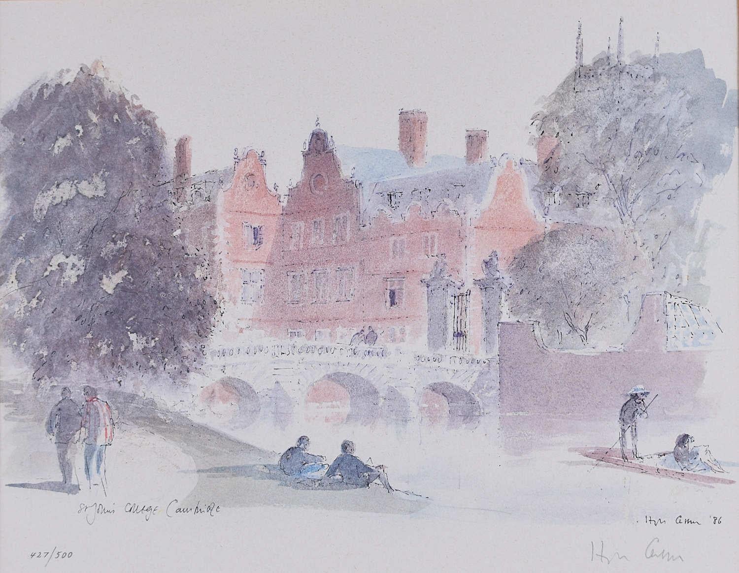 Hugh Casson (1910 - 1999)
Colegio St John, Cambridge
Litografía
29 x 37 cm
Firmado y numerado 427/500, ambos a lápiz.

Sir Hugh Casson estudió en el Eastbourne College, en el St. John's College de Cambridge y en la Escuela de Arquitectura Bartlett.