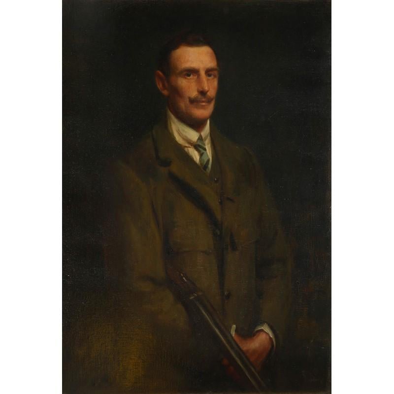 Hugh de Twenebrokes Glazebrook (1855-1937) Figurative Painting - Huge 1900's British Oil Society Portrait of a Sporting Gentleman holding Shotgun