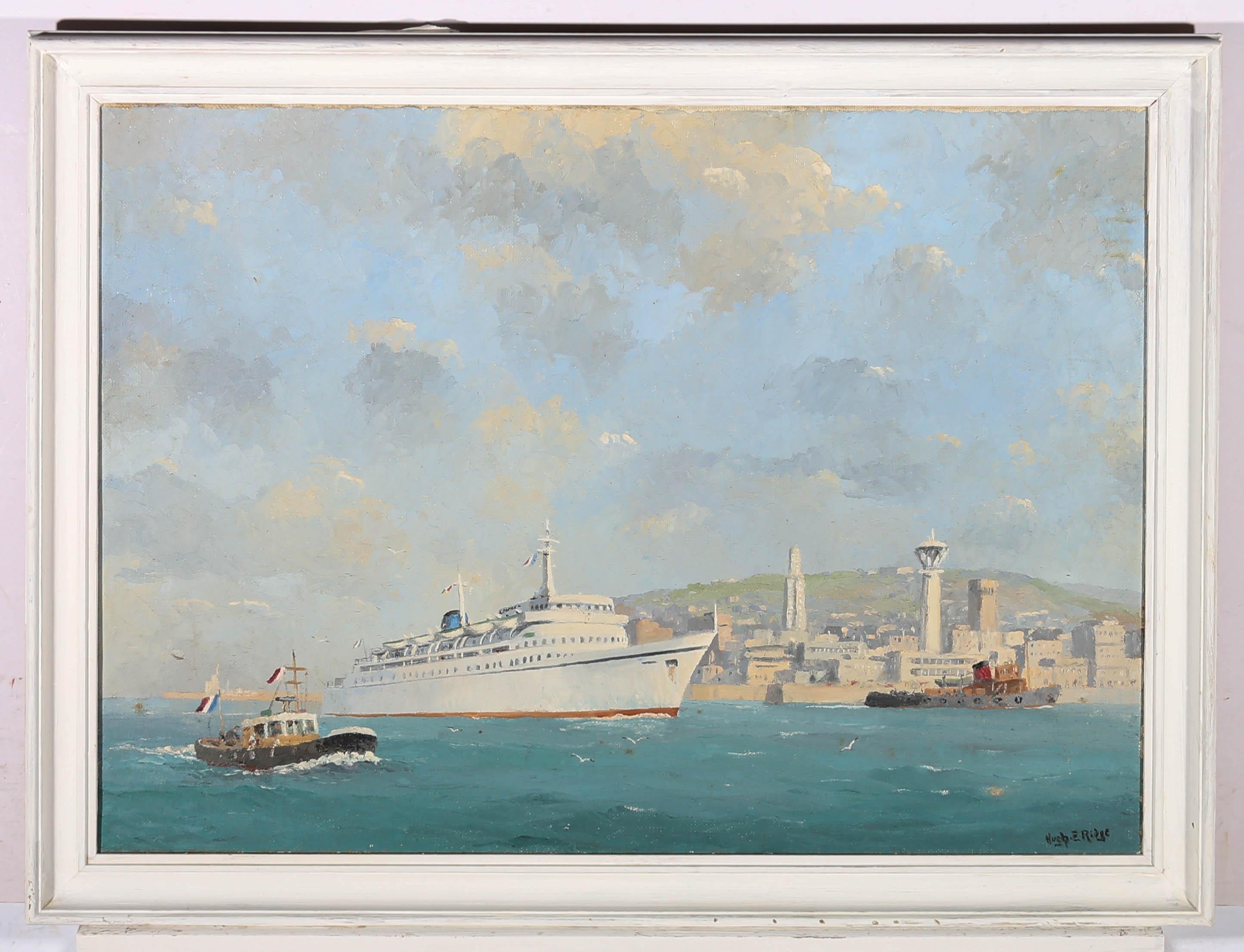 A fine nautical scene in oil showing a large ferry on the coast of Brittany under a blue sky. The artist has signed to the lower right and the painting has been presented in a simple white painted frame. On canvas.



