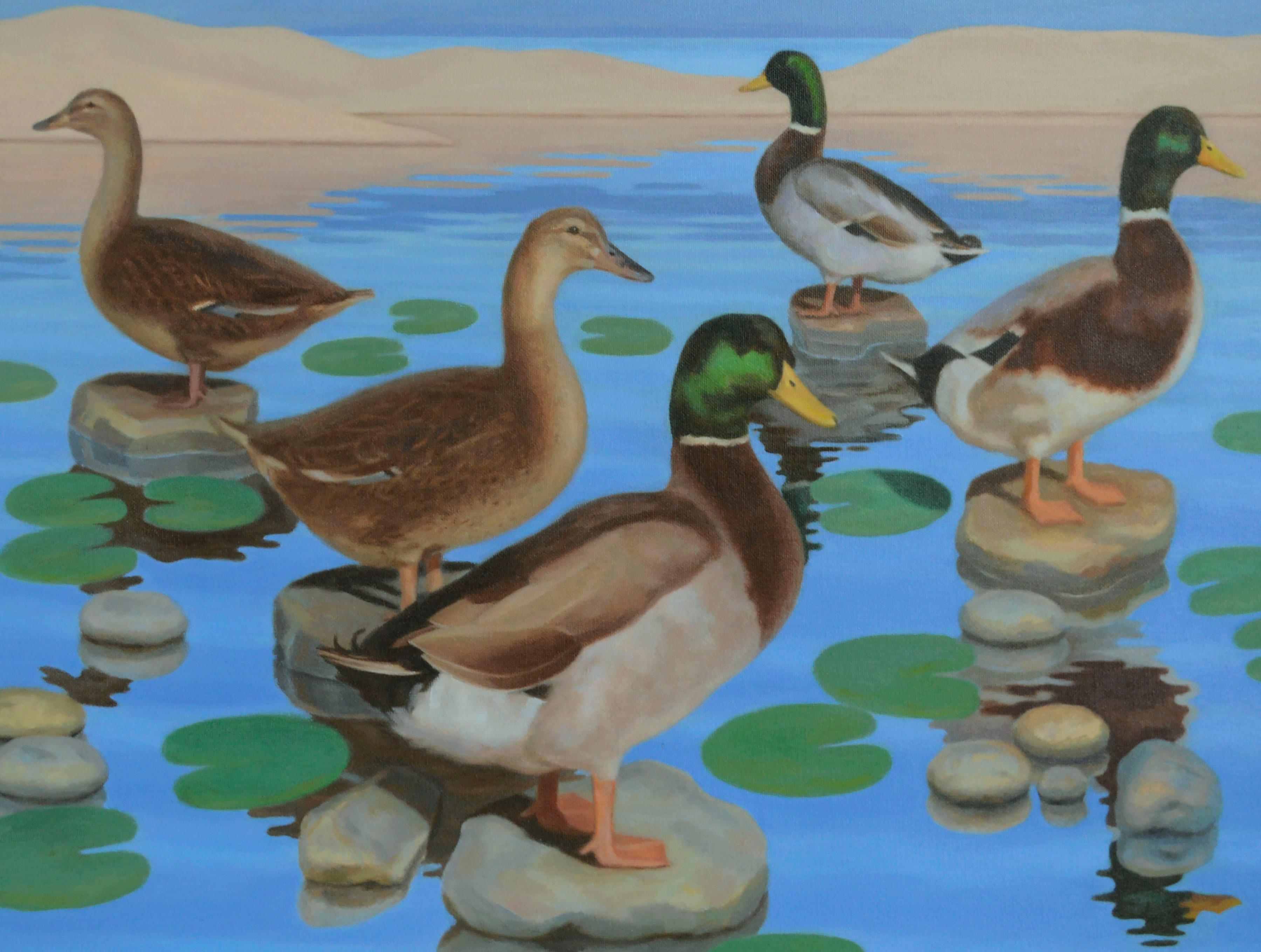 Mallard Ducks in Pond with Lily Pads, Horizontal Landscape  - Painting by Hugh Hendry 