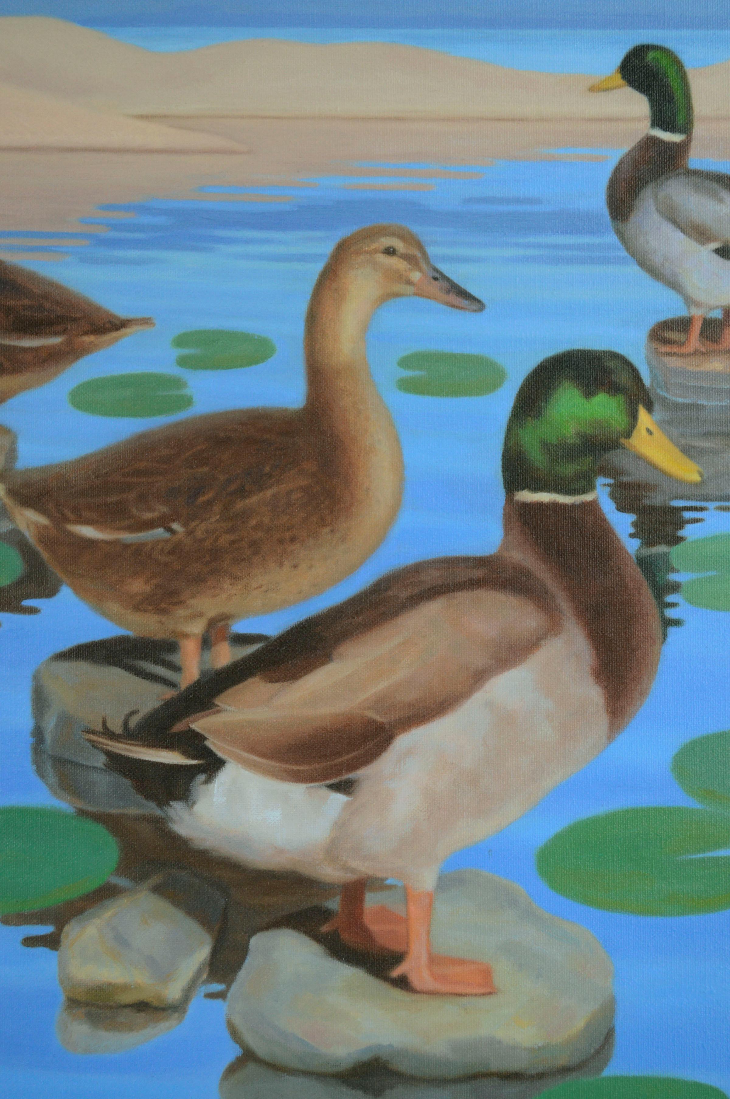 Mallard Ducks in Pond with Lily Pads, Horizontal Landscape  - Realist Painting by Hugh Hendry 