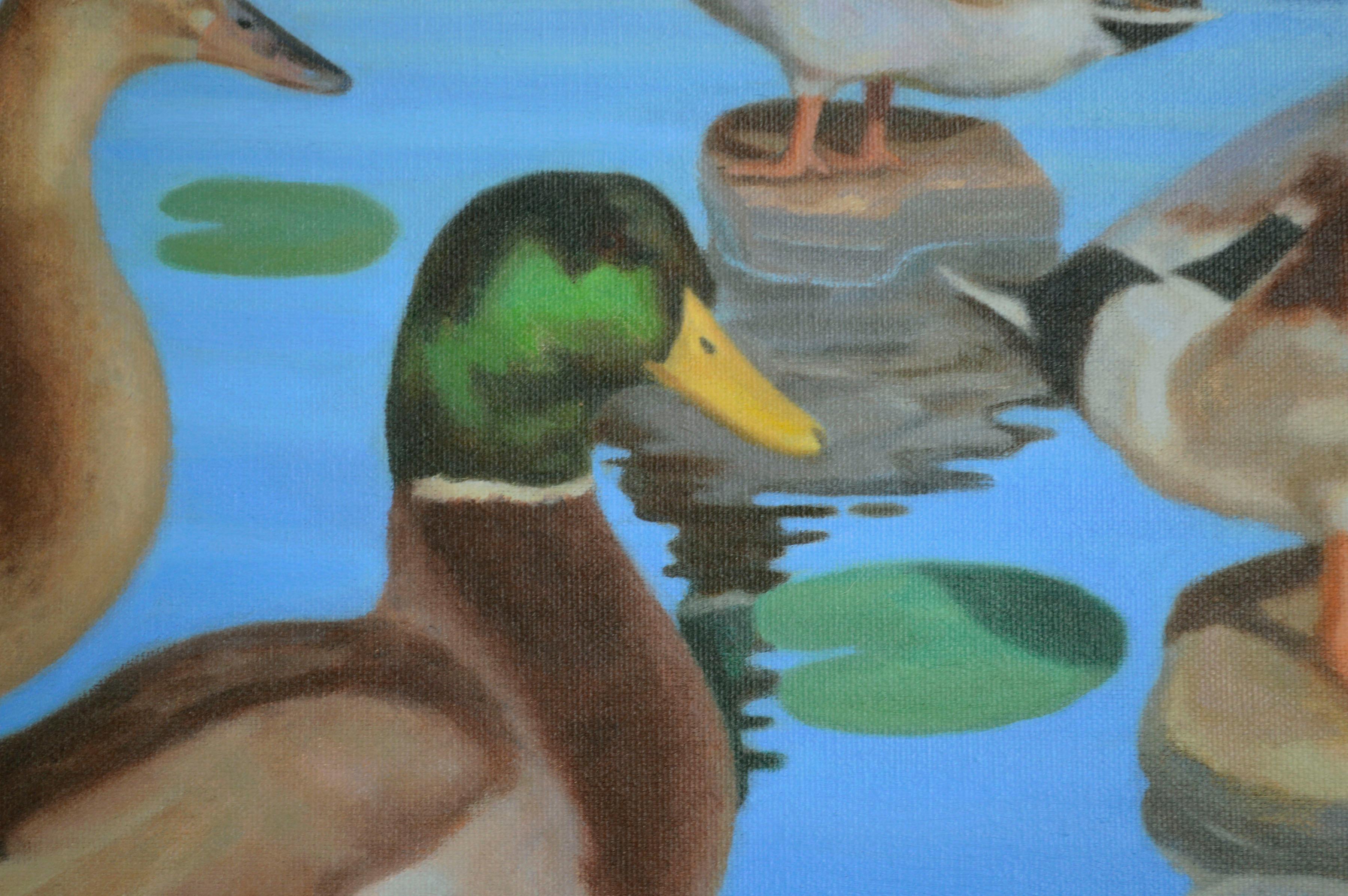 Mallard Ducks in Pond with Lily Pads, Horizontal Landscape  - Blue Animal Painting by Hugh Hendry 