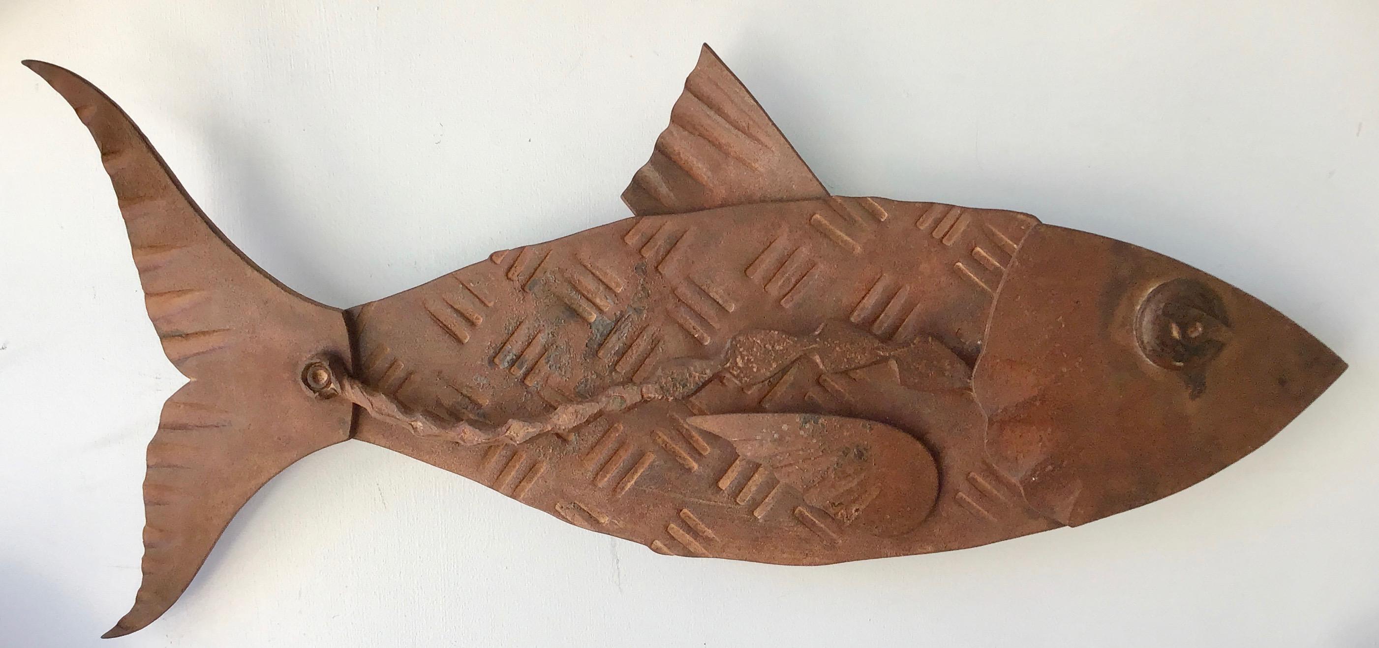 Hugh Holborn Figurative Sculpture - "Alubulidae 1"Hand forged salvaged steel fish wall sculpture