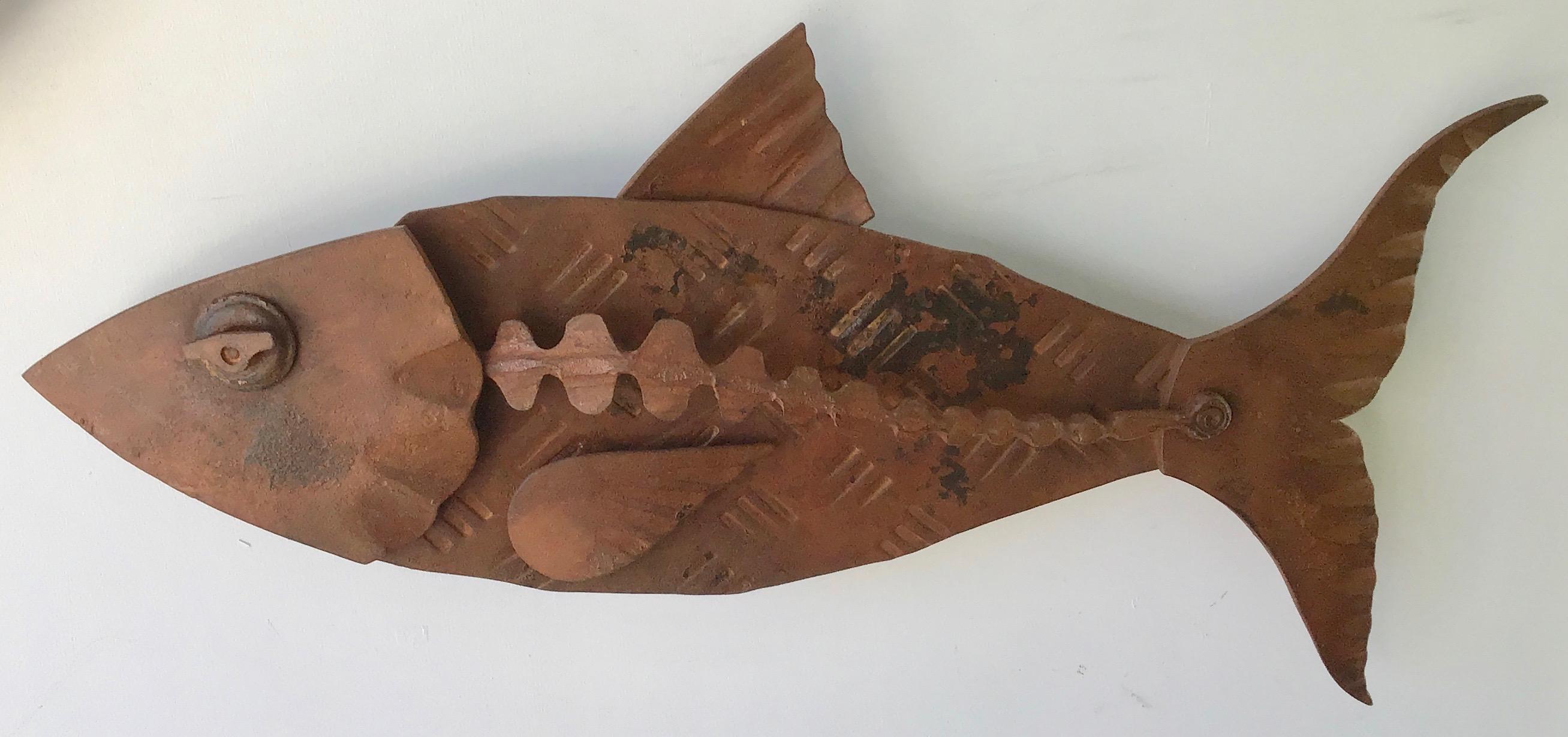 Hugh Holborn Figurative Sculpture - "Alubulidae 2" Hand forged salvaged steel fish wall sculpture