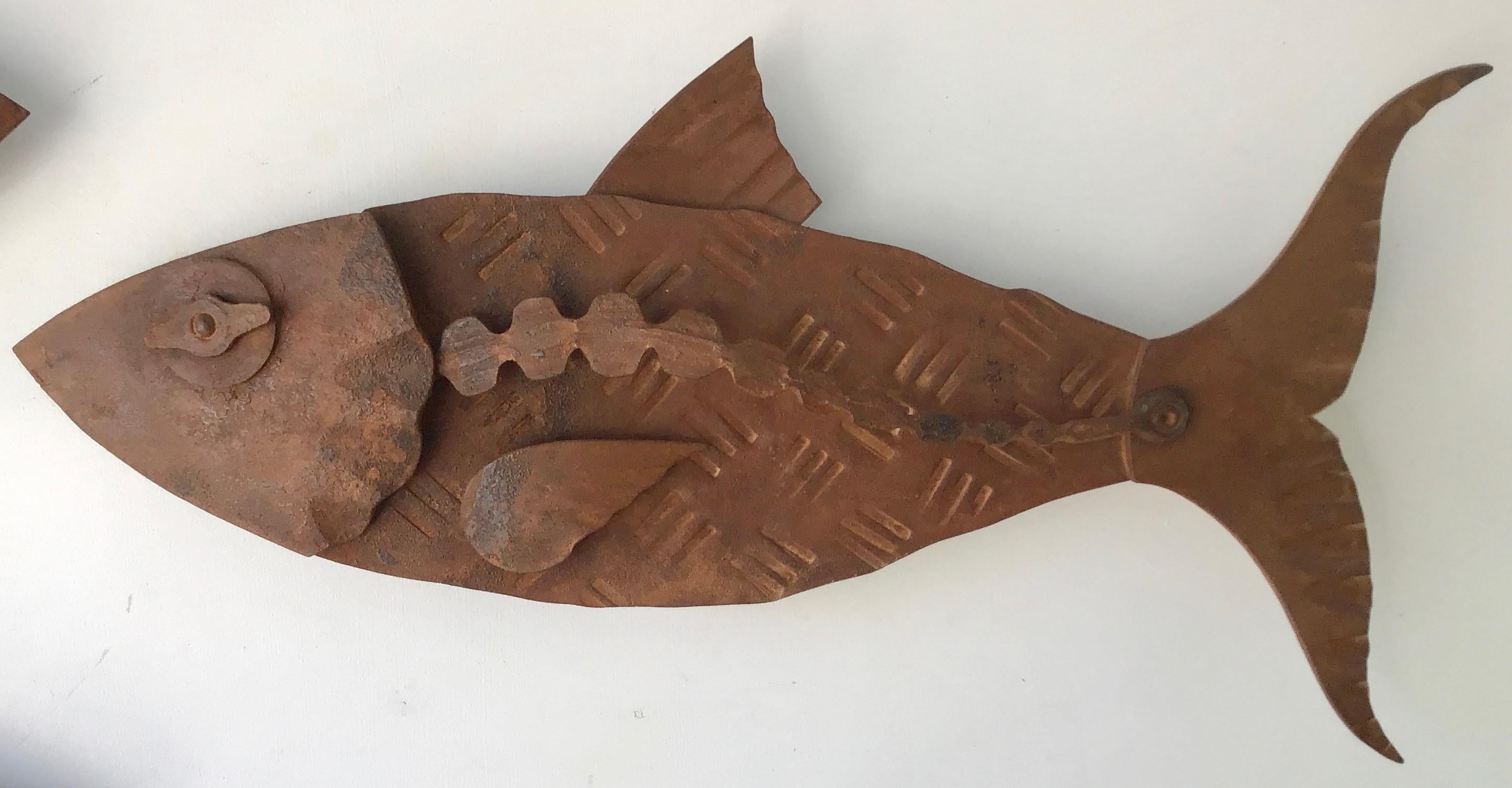 Hugh Holborn Figurative Sculpture - "Alubulidae 3" Hand forged salvaged steel fish wall sculpture