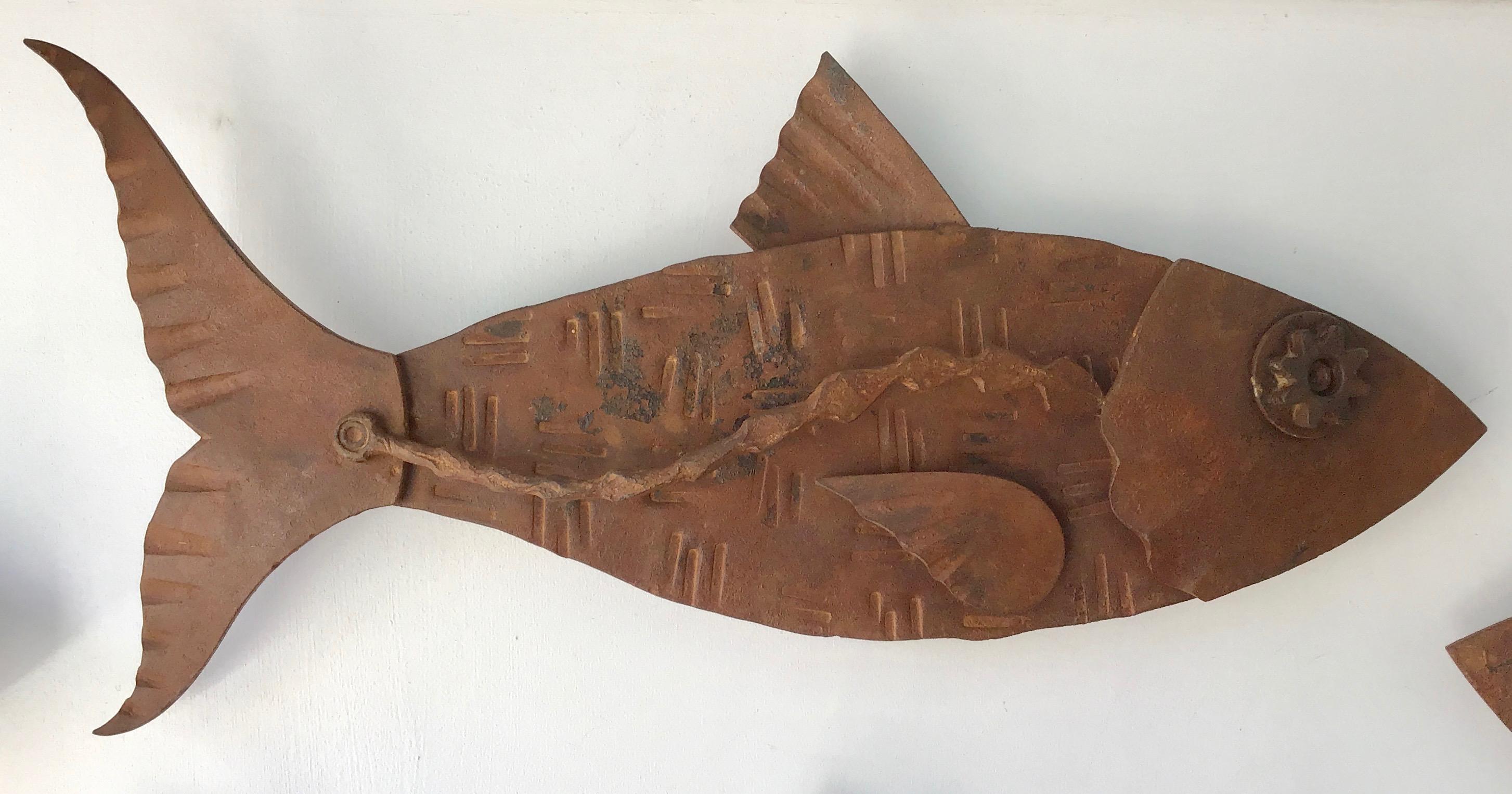 Hugh Holborn Figurative Sculpture - "Alubulidae 4" Hand forged salvaged steel fish wall sculpture