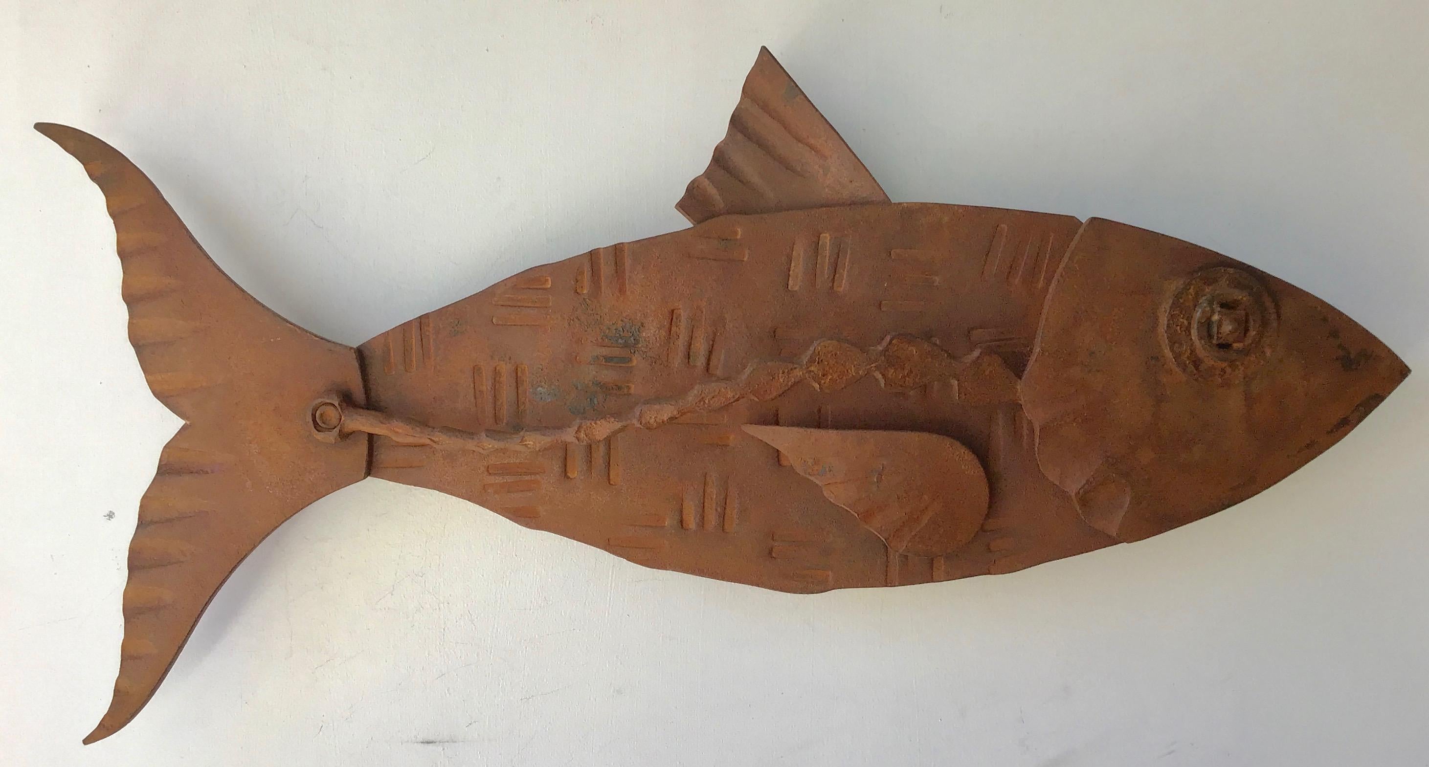Hugh Holborn Figurative Sculpture - "Alubulidae 5" Hand forged salvaged steel fish wall sculpture
