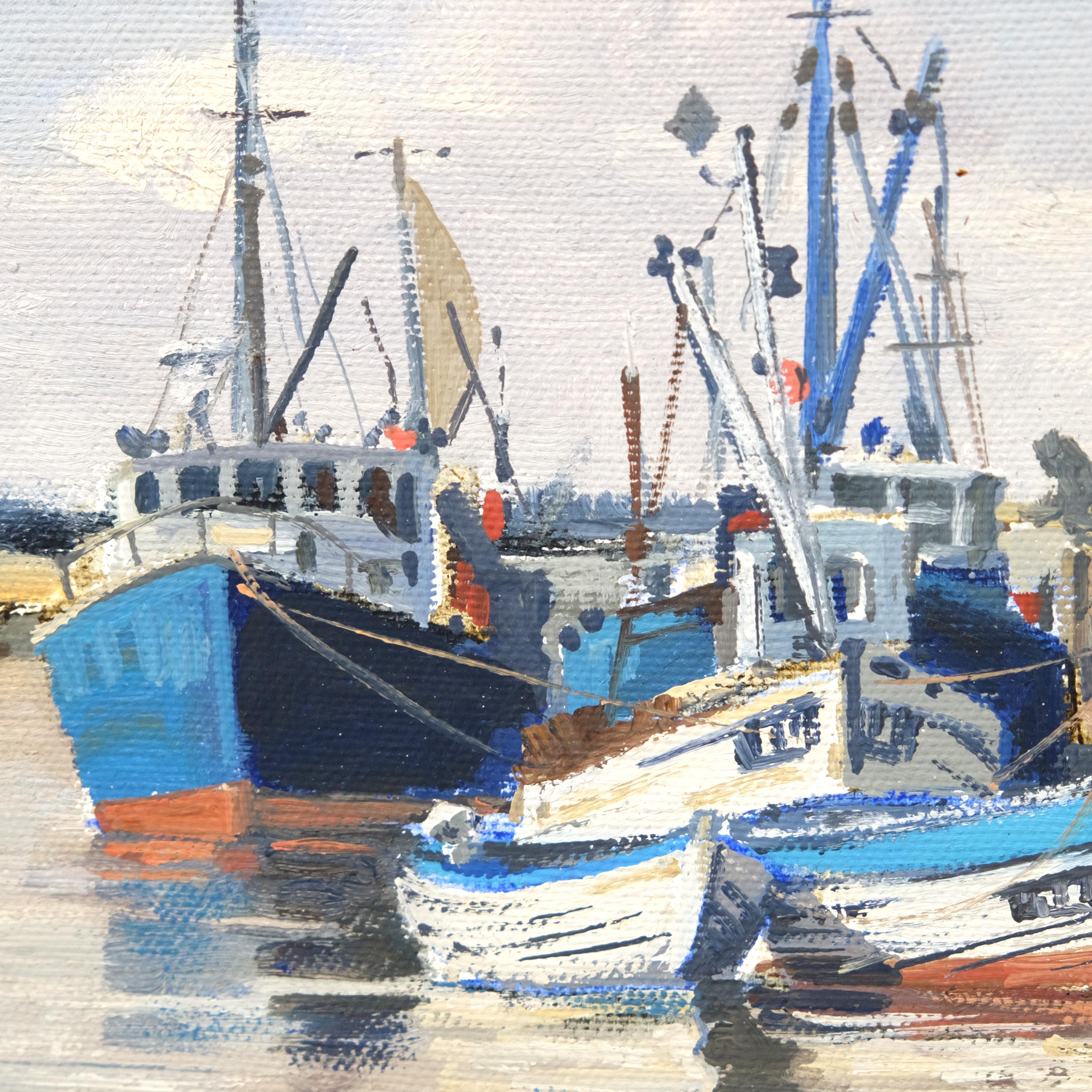 Hand-Painted Hugh Knollys Oil Painting, Boats on the Blythe, English Art, 20th Century, 1970s For Sale