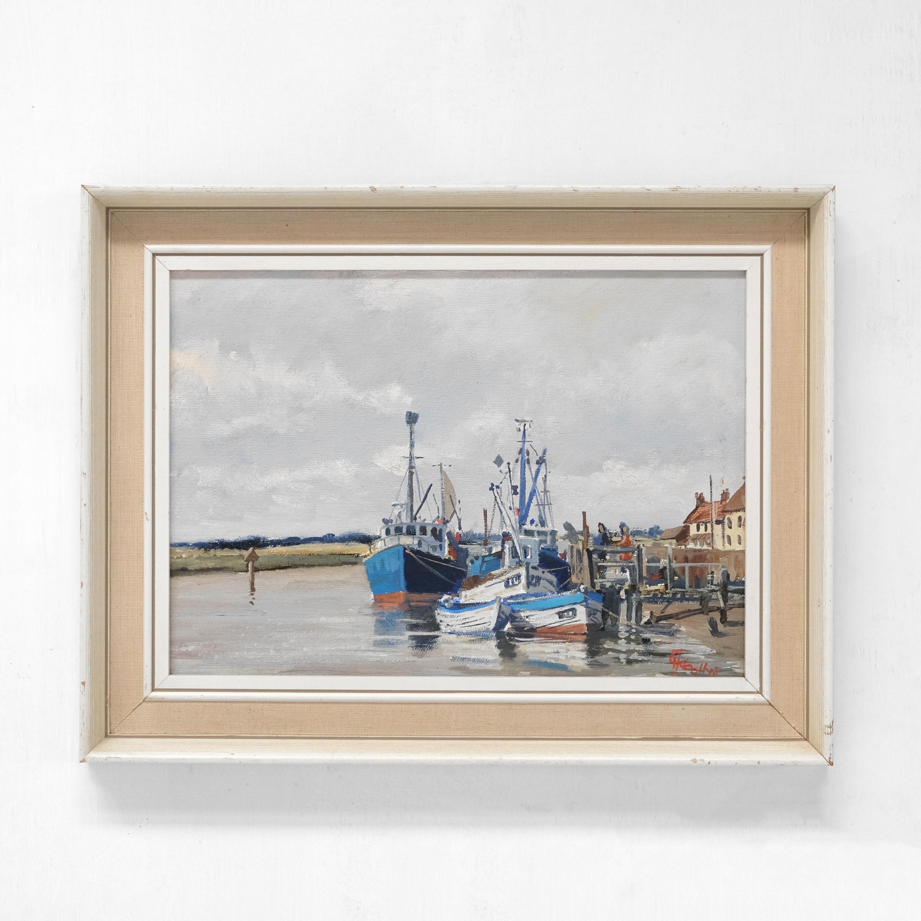Hugh Knollys Oil Painting, Boats on the Blythe, English Art, 20th Century, 1970s In Good Condition For Sale In Totnes, GB