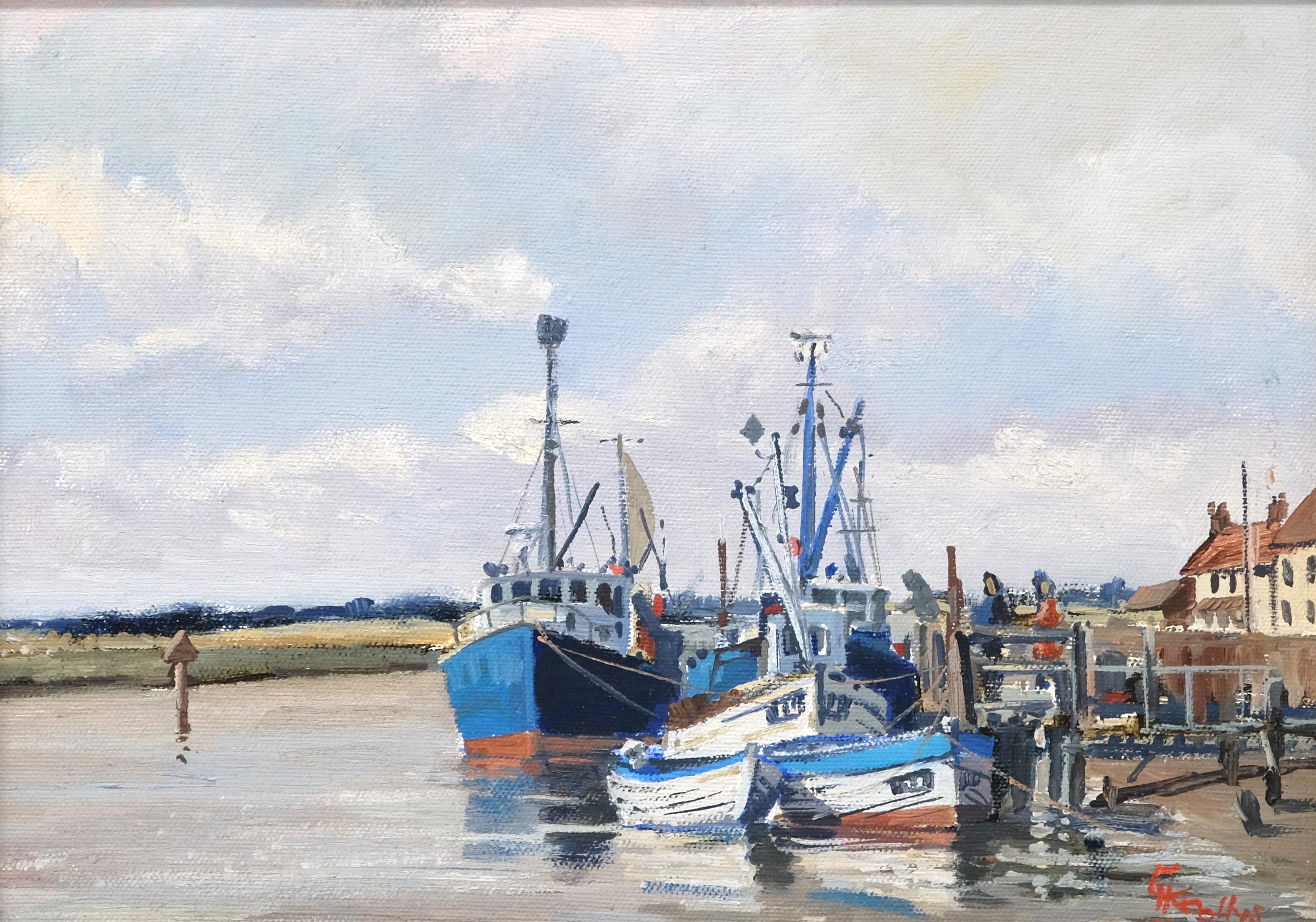 Late 20th Century Hugh Knollys Oil Painting, Boats on the Blythe, English Art, 20th Century, 1970s For Sale