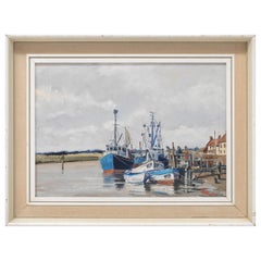 Hugh Knollys Oil Painting, Boats on the Blythe, English Art, 20th Century, 1970s