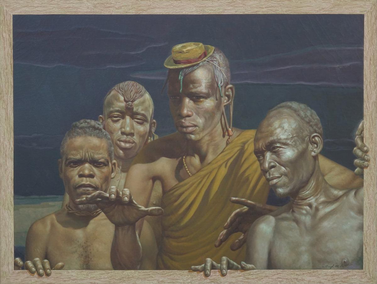 Hugh M. Poe Figurative Painting - African Portrait, Mid-20th Century Surrealist Portrait of African Tribesmen 