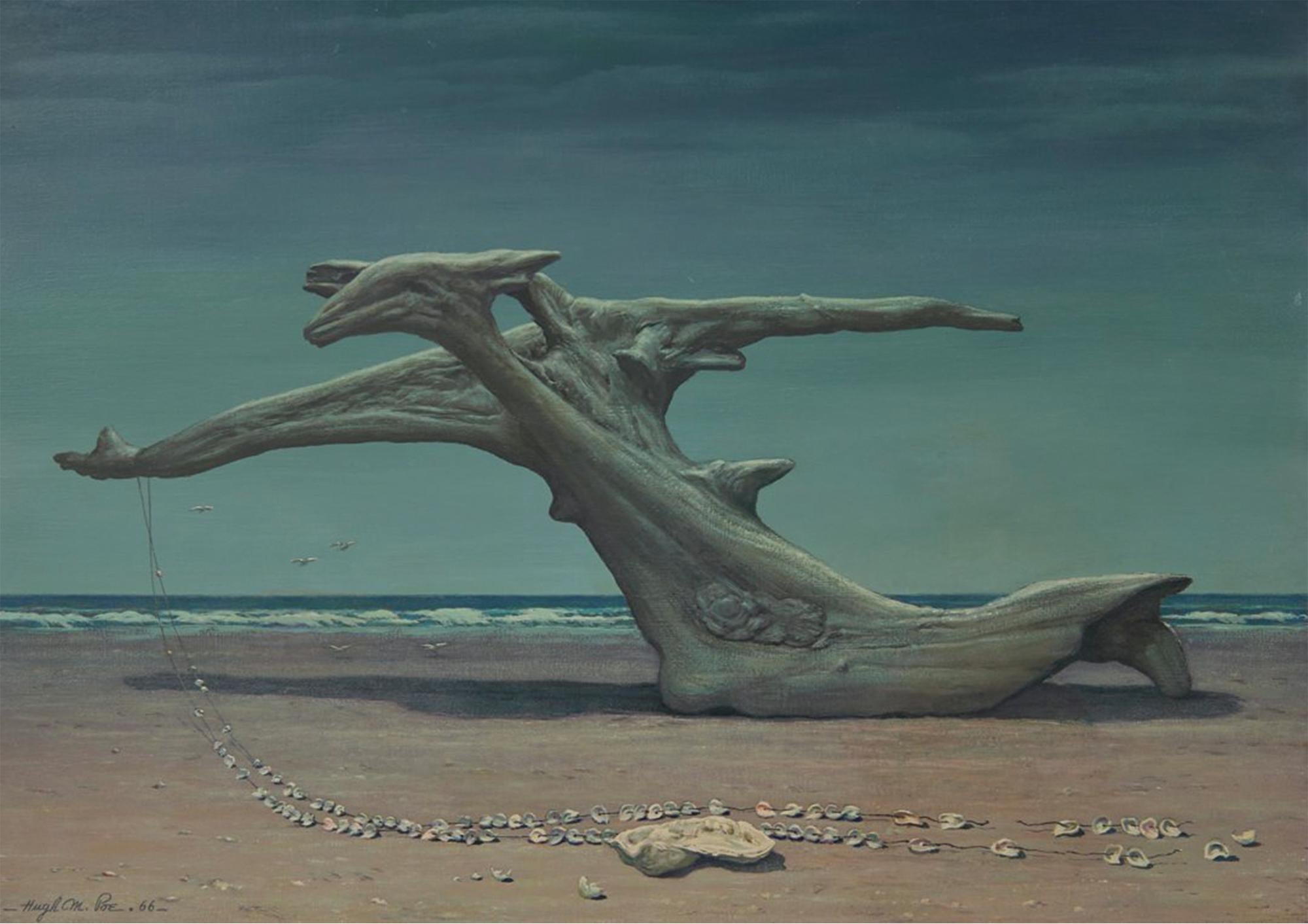 Driftwood, Mid-20th Century Surrealist Landscape Painting w/ Shell Frame