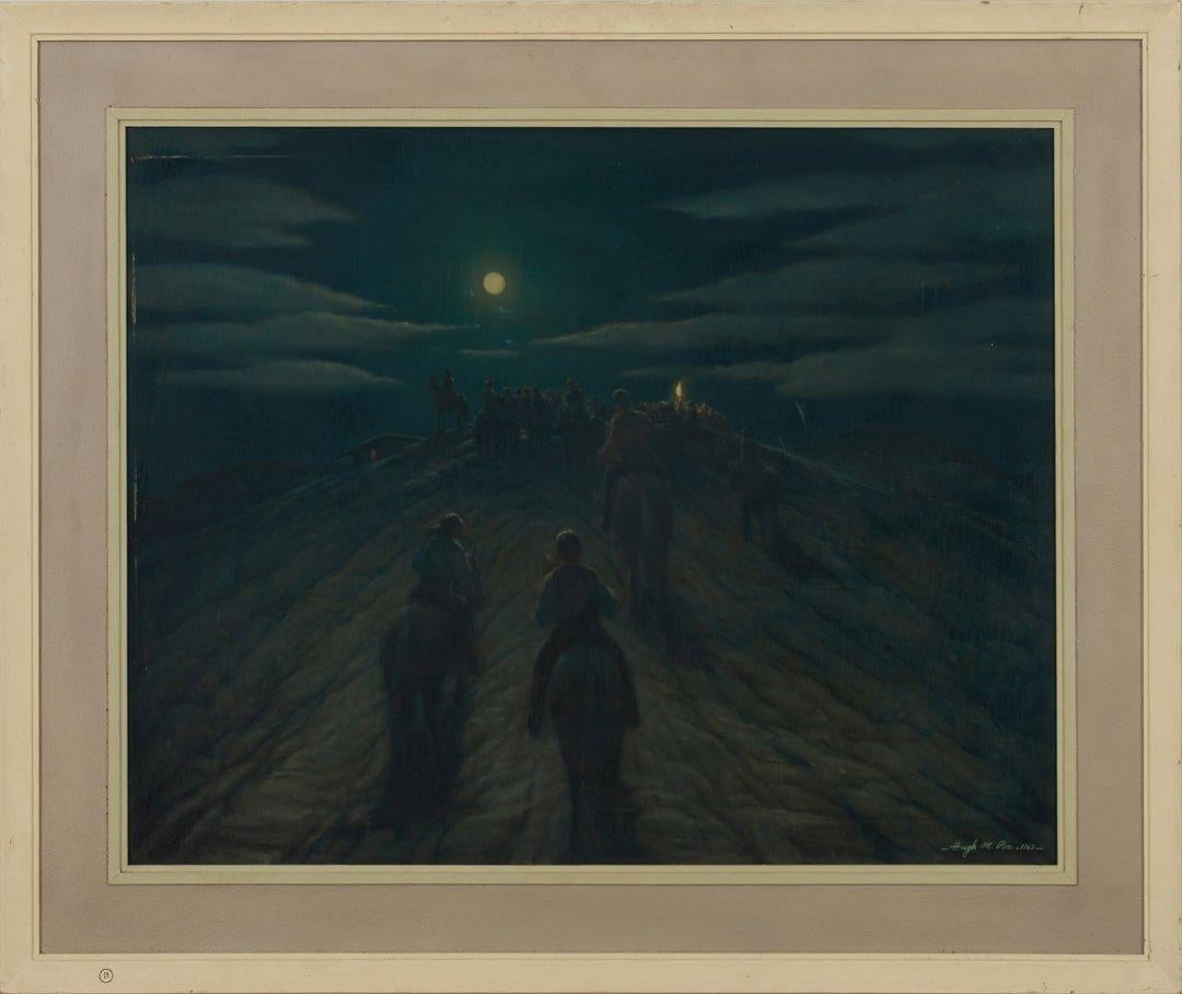Night Riders, paesaggio surrealista della metà del XX secolo con cavallo e cavalieri - Painting di Hugh M. Poe
