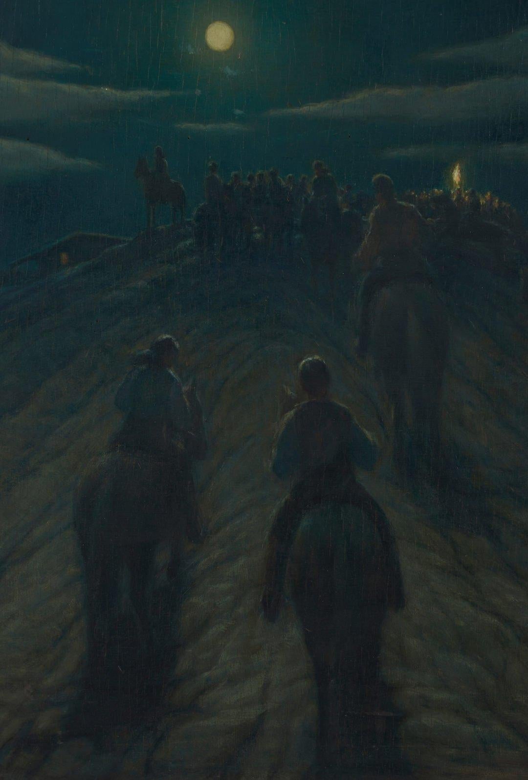 Night Riders, paesaggio surrealista della metà del XX secolo con cavallo e cavalieri - Painting Surrealismo di Hugh M. Poe