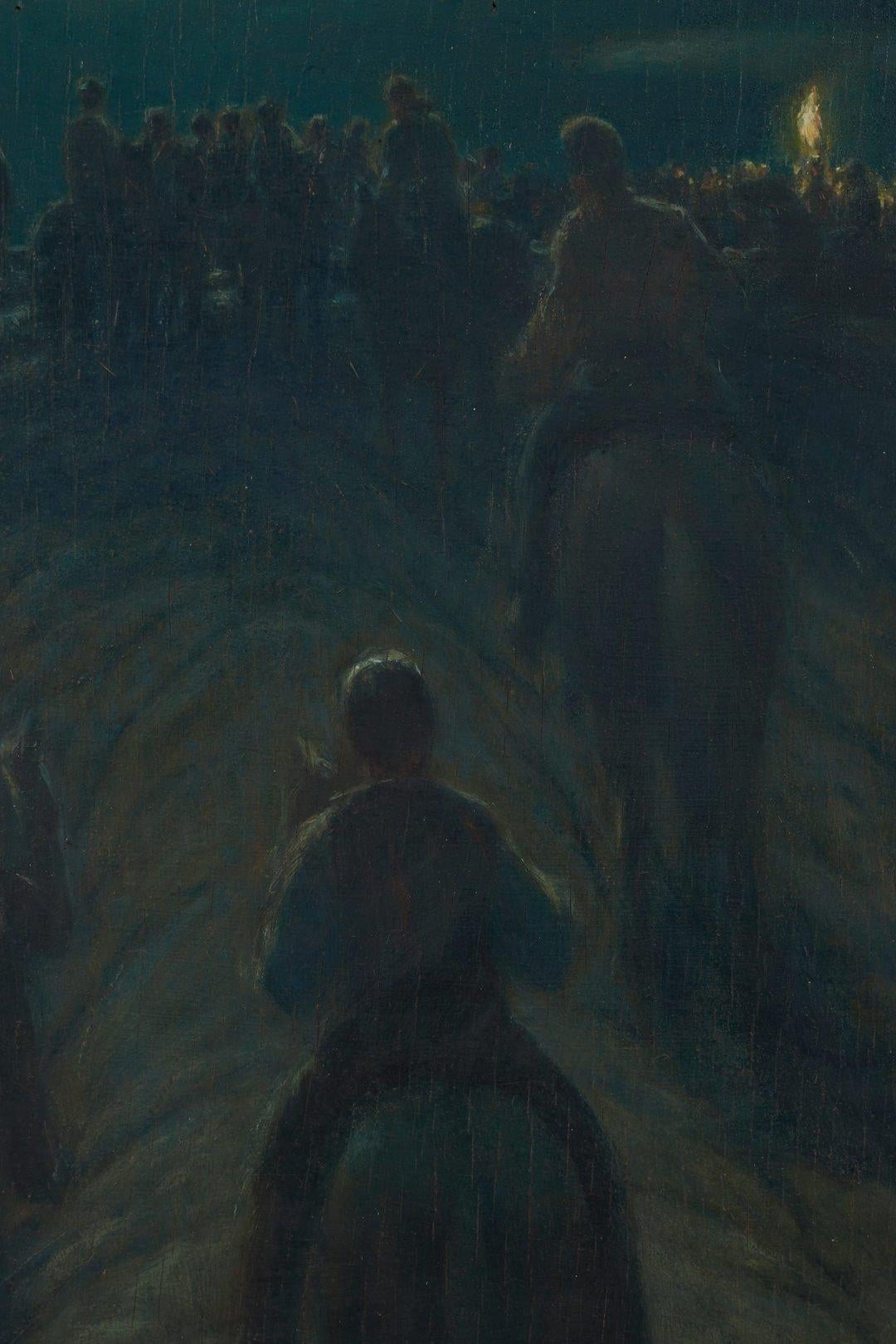 Night Riders, paesaggio surrealista della metà del XX secolo con cavallo e cavalieri - Figurative Painting Nero di Hugh M. Poe