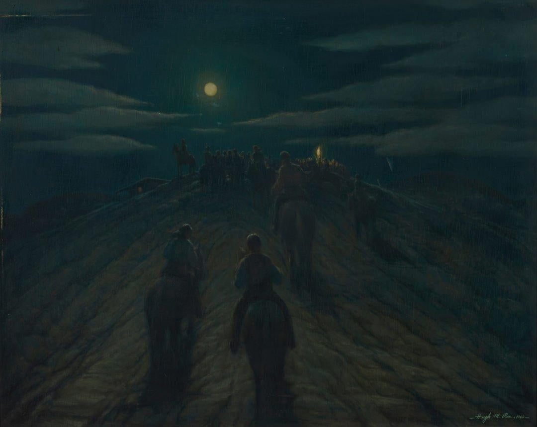 Figurative Painting di Hugh M. Poe - Night Riders, paesaggio surrealista della metà del XX secolo con cavallo e cavalieri
