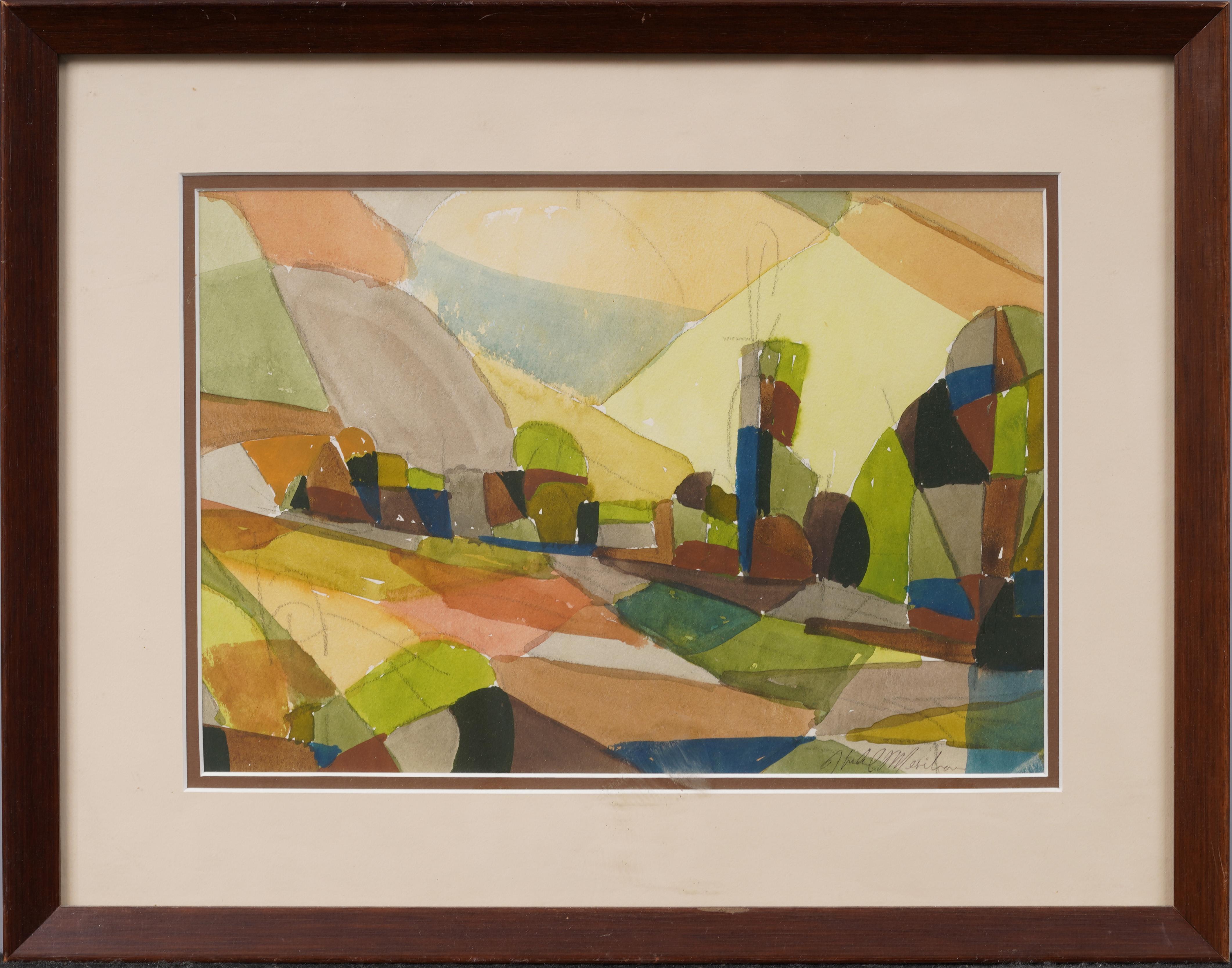 Antiguo Modernista Americano Abstracto Cubista Enmarcado y Firmado  Pintura - Painting de Hugh Mesibov 