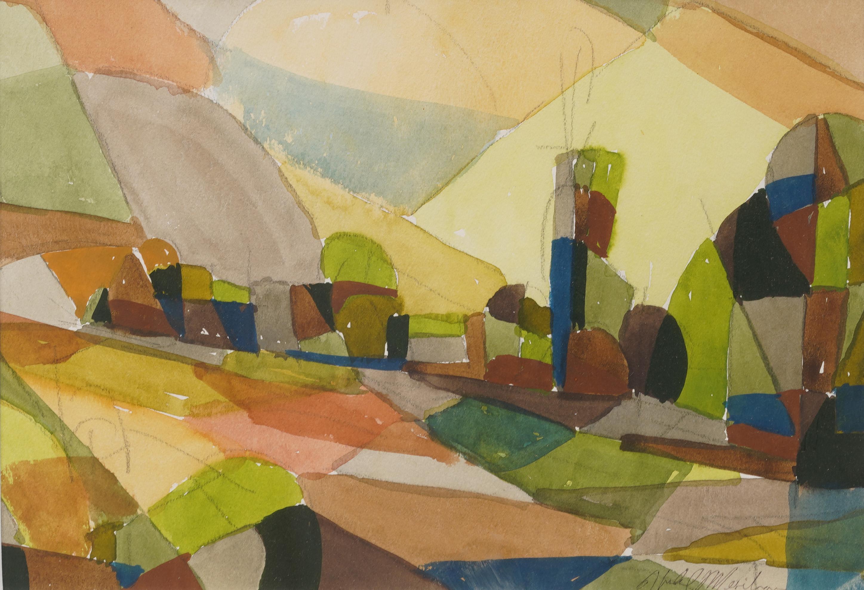 Antiguo Modernista Americano Abstracto Cubista Enmarcado y Firmado  Pintura - Abstract Painting Beige de Hugh Mesibov 
