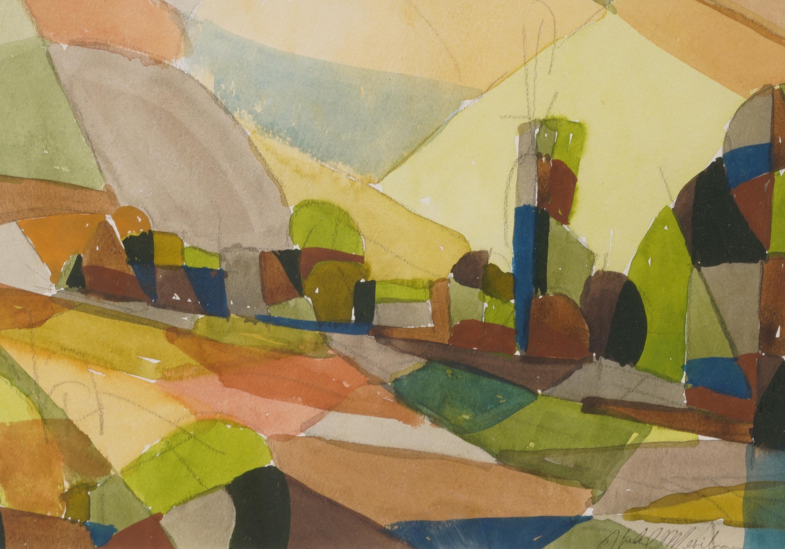 Cuadro abstracto modernista estadounidense de Hugh Mesibov (nacido en 1916), muy bien pintado.  Enmarcado.  Acuarela sobre papel.  Firmado.  Tamaño de la imagen, 8H por 11,5L.