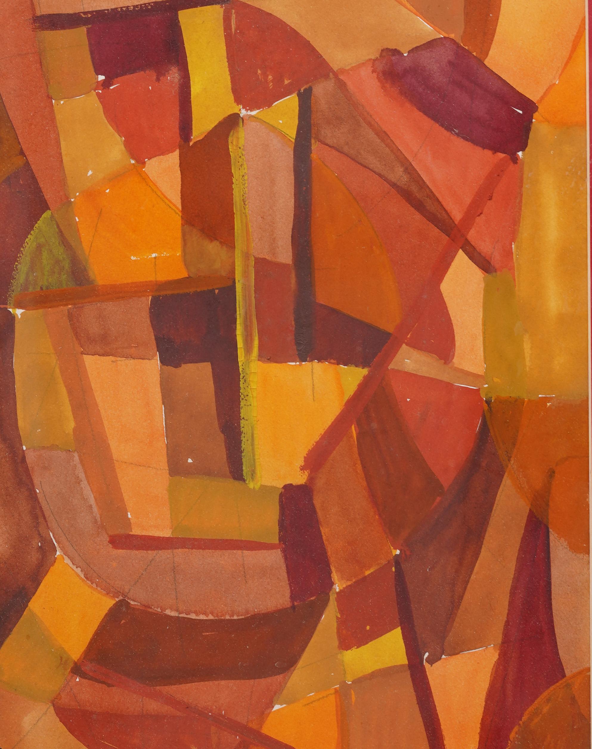 Antico dipinto modernista americano cubista astratto incorniciato firmato WPA - Landscape Painting Marrone di Hugh Mesibov