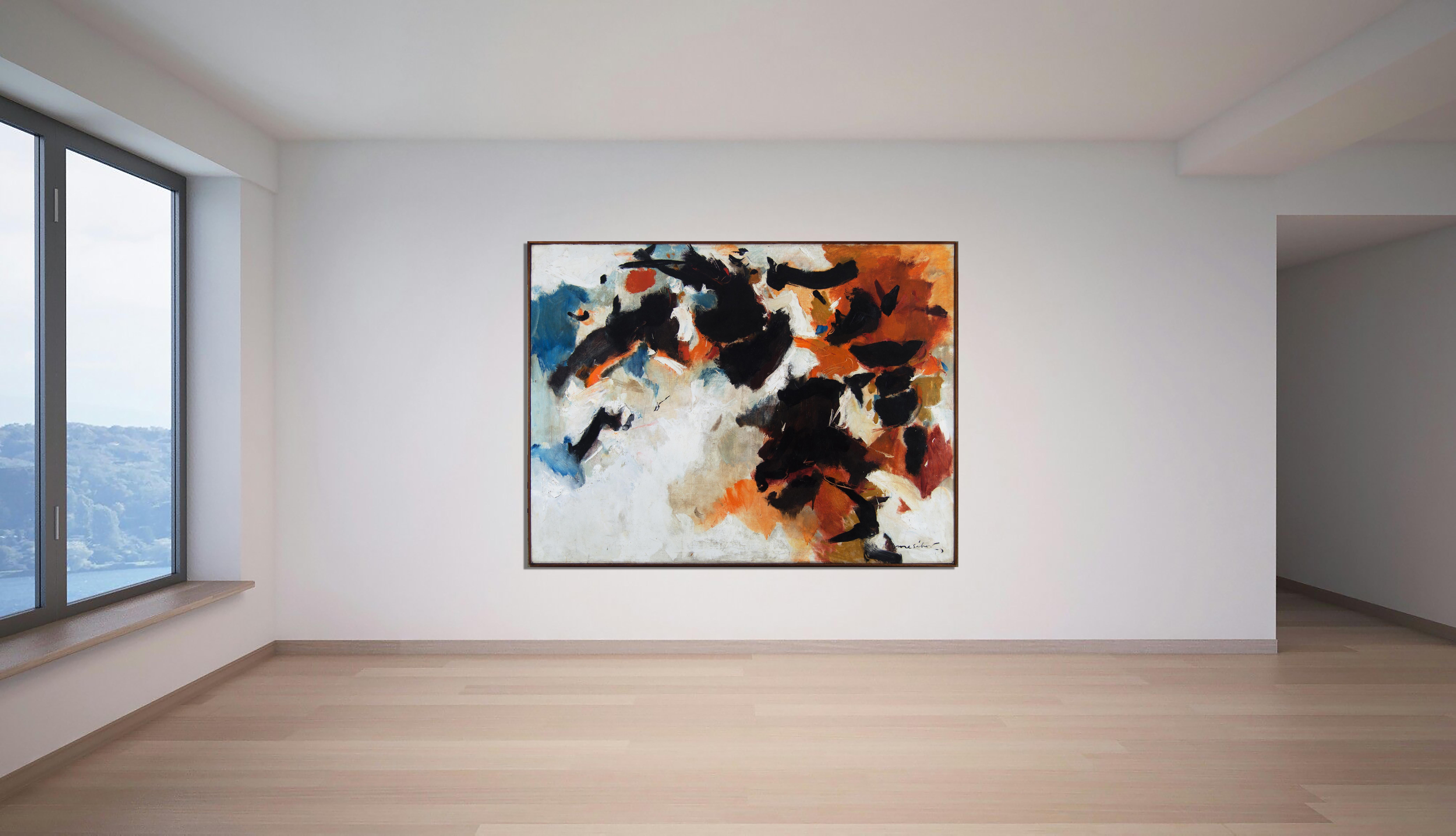 The photograph in the images above is of Hugh Mesibov and the client who purchased the work on November 8th, 1959

Abstract expressionist painting in oil on linen.  This is an example of Mesibov's work in the 60's: 