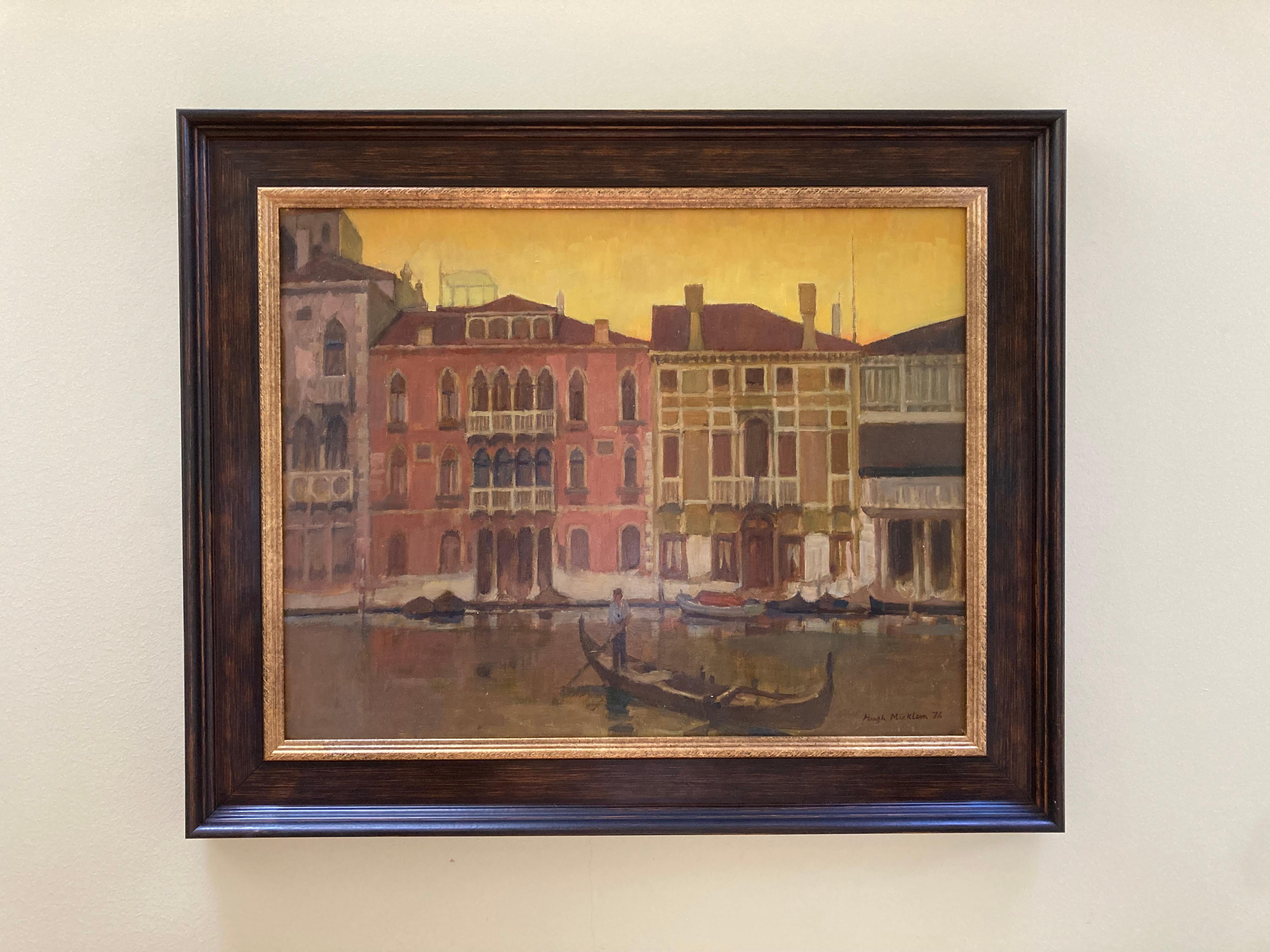 This charming view of Venice from the Grand Canal was painted by the British artist, Hugh Ralph Micklem in 1976.  painted in oils on board, size 16 x 20 inches, it is signed lower right and dated.  it was originally exhibited at the Arthur Jeffress