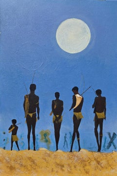 "African Tribal Warriors" Folk Art Gemälde von schwarzen Männern w Bogenschießen auf blauen Himmel