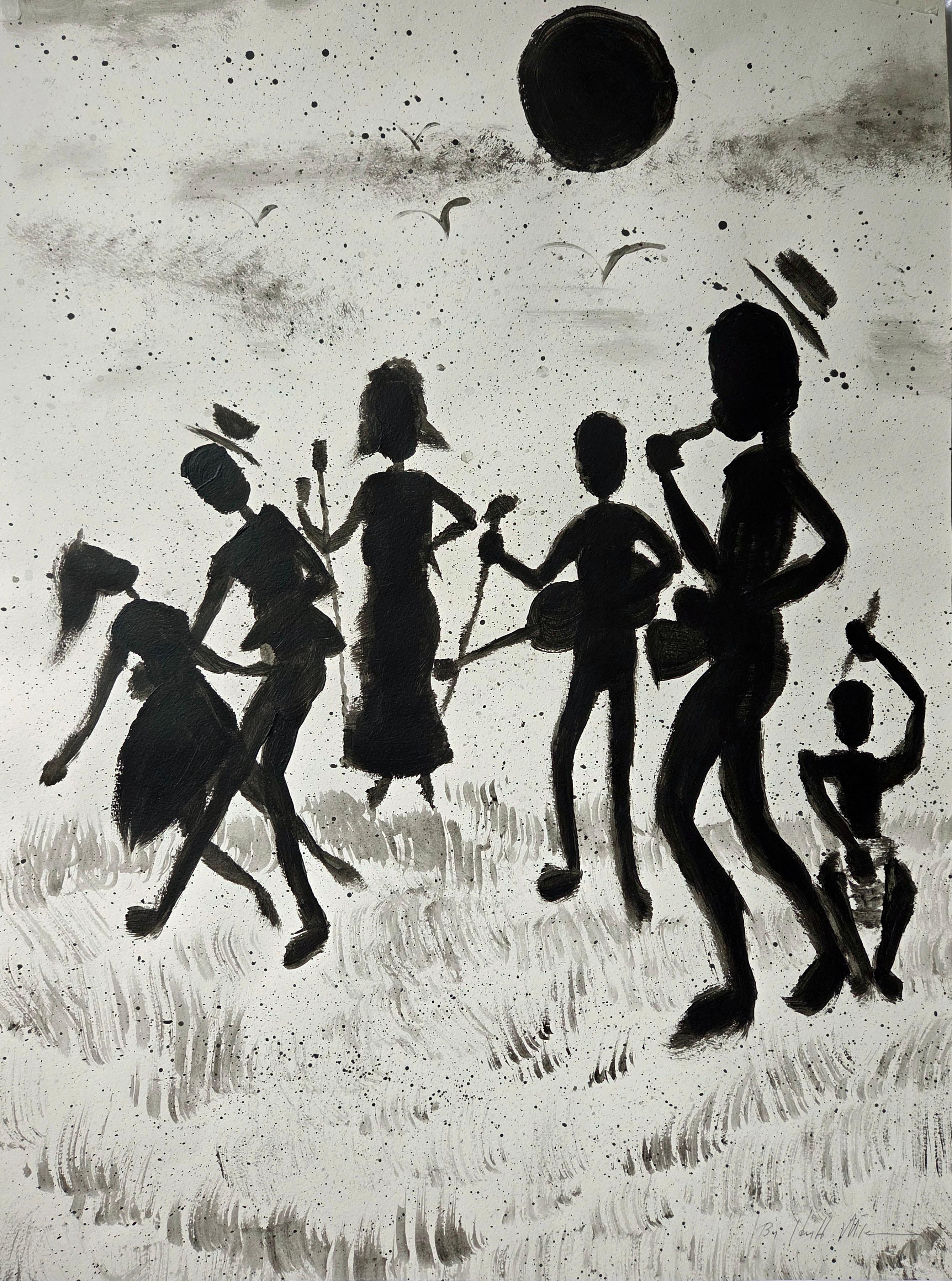 Hugh Miles Figurative Painting - "Group of Musicians" Folk Art Black and White Abstract Painting of Jazz Band