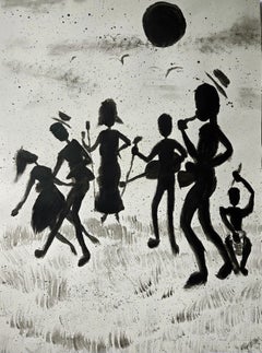 "Grupo de Músicos" Arte Popular Pintura Abstracta en Blanco y Negro de una Banda de Jazz