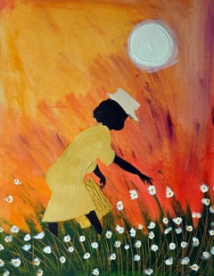 "Mujer Recogiendo Flores" Pintura de Arte Popular de Mujer Negra, Vestido Amarillo, Margaritas