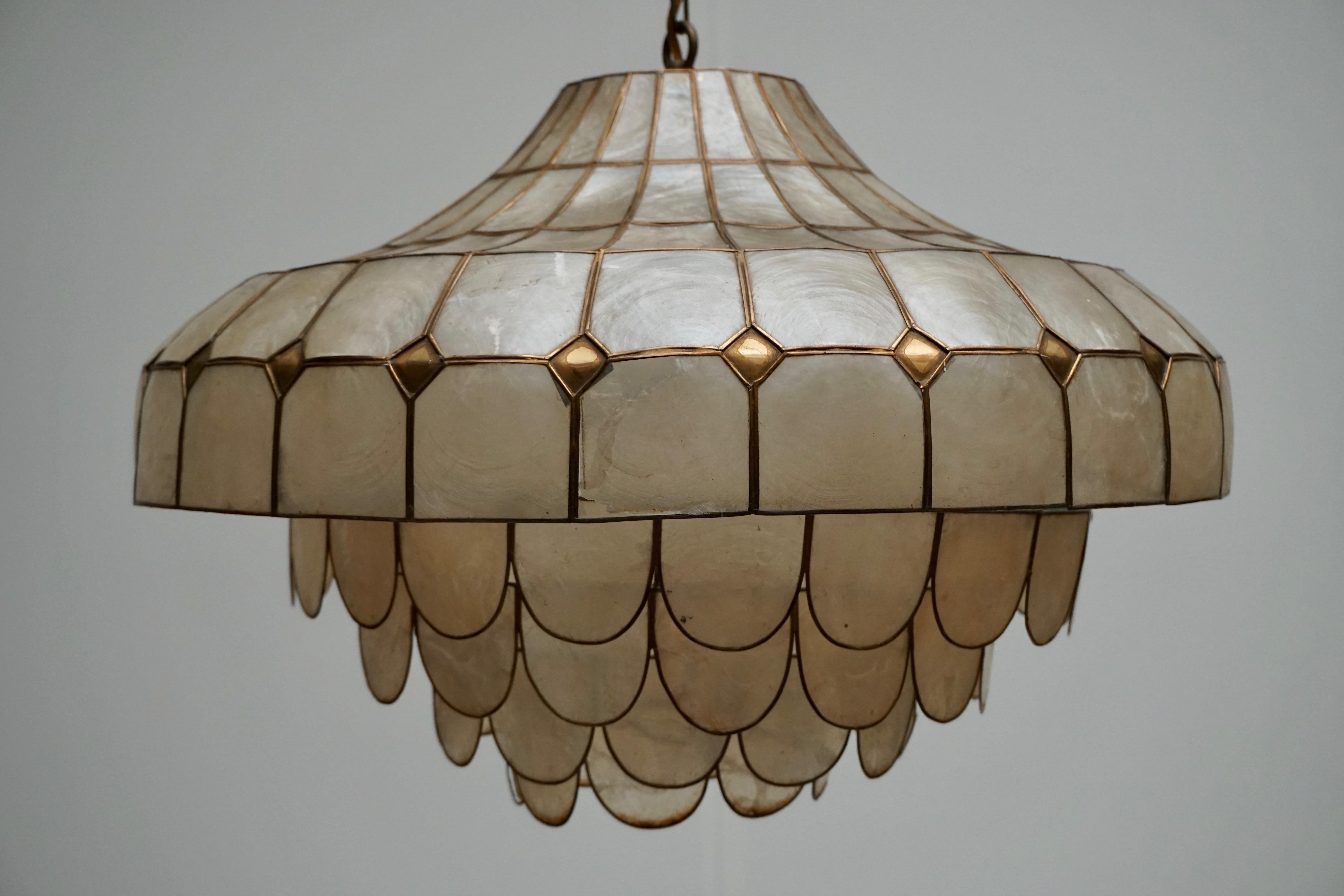 Hugh Capiz Shell and Brass Pendant Lamp, Italy, 1960 7