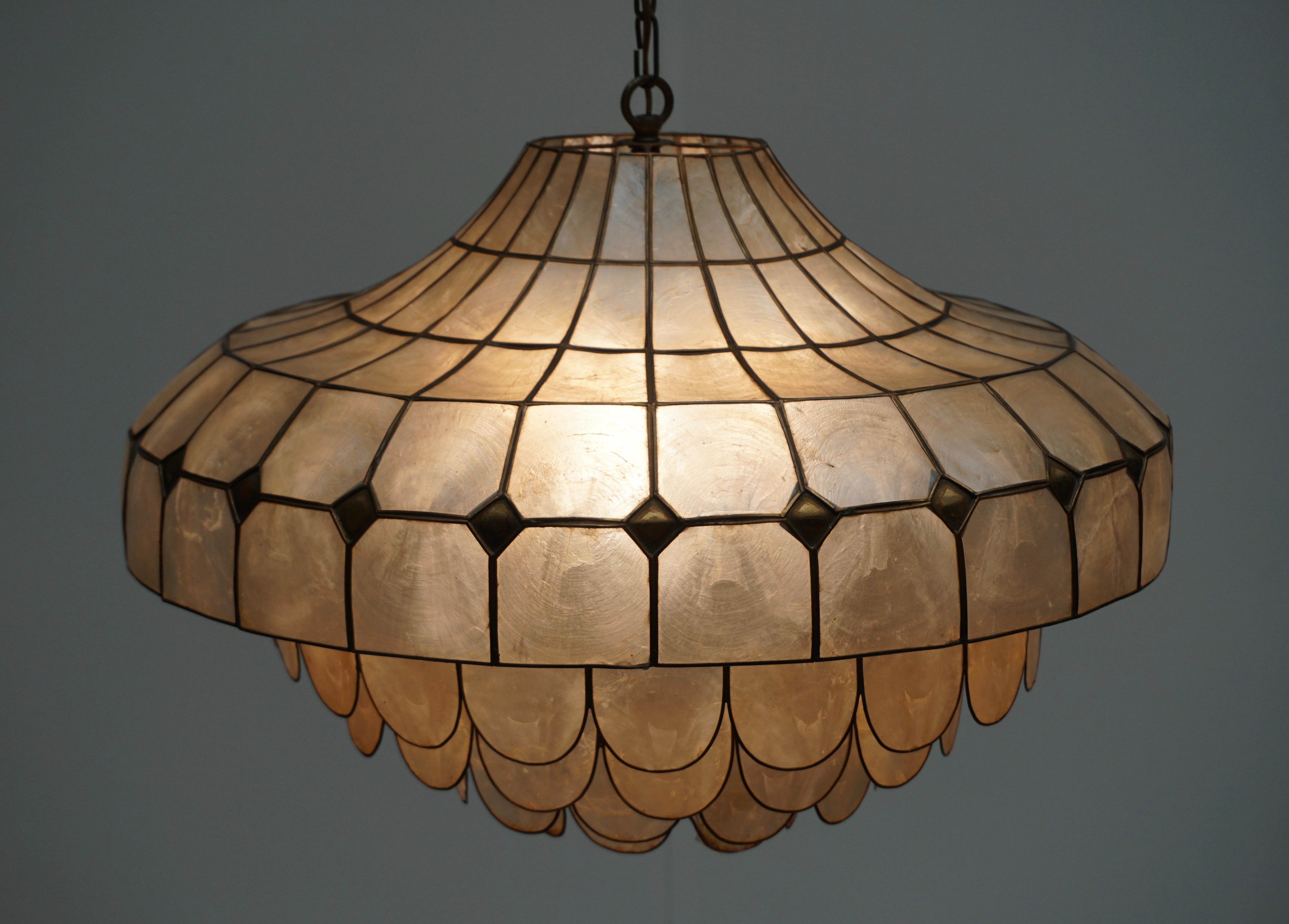 Italian Hugh Capiz Shell and Brass Pendant Lamp, Italy, 1960