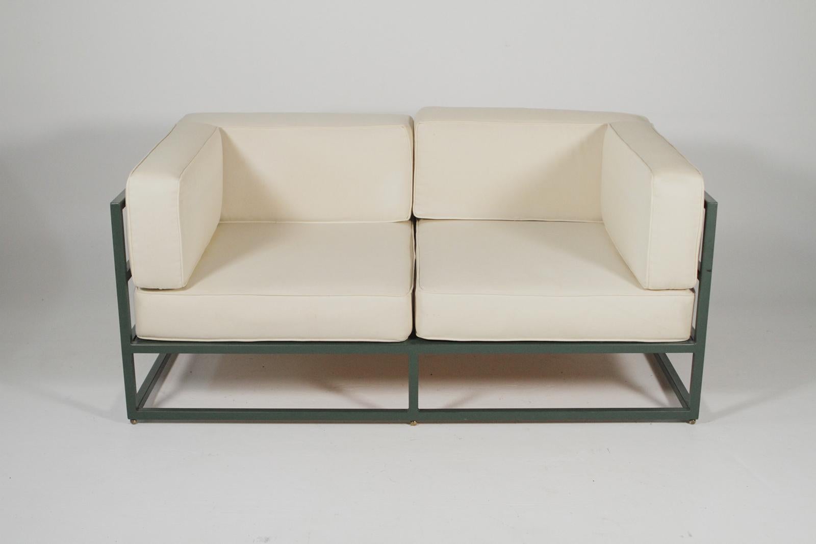 Hugh Newell Jacobsen custom-made love seats with original green enameled steel frames, cushions could use a cleaning or new upholstery. These were a custom order in 1987 and there’s a sketch from Newell himself and signed. This is one of the
