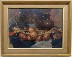 Fine Original Mid Century English still life oil painting of Onions / Kitchen