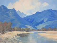Pittura ad olio della metà del 20° secolo del Sudafrica, paesaggio fluviale di montagna blu