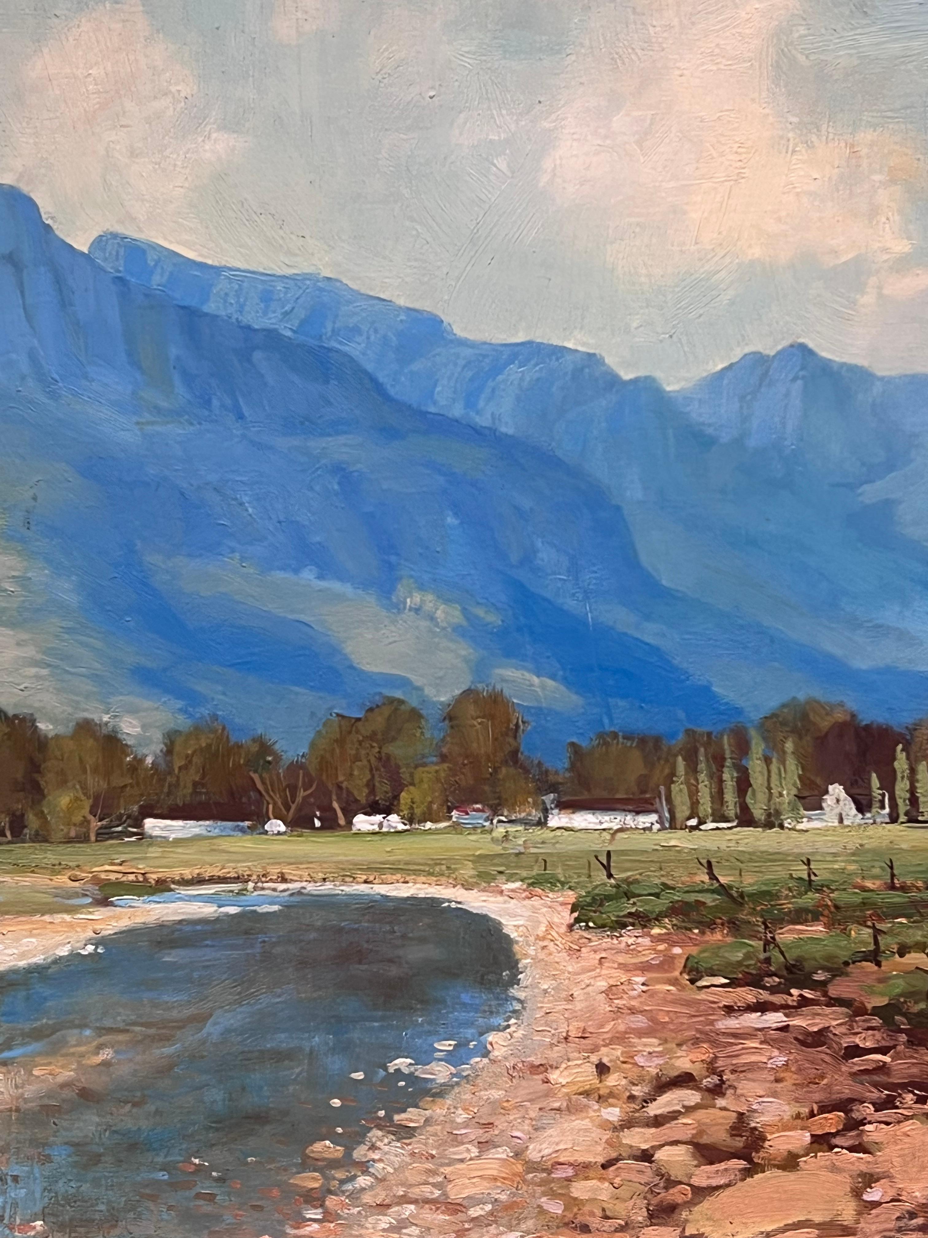 Mid 20th Century South African River Landscape Oil Painting Dramatic Mountains For Sale 7