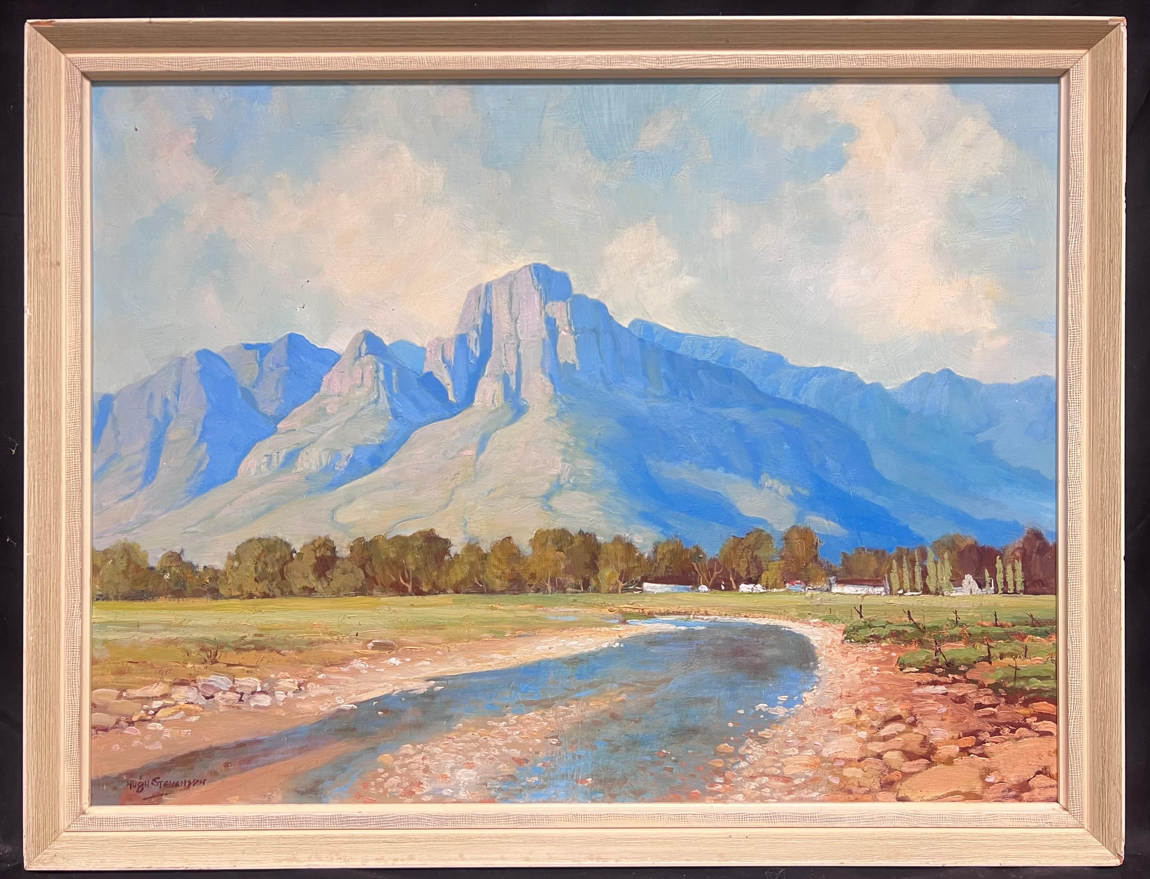 Mid 20th Century South African River Landscape Oil Painting Dramatic Mountains - Gray Landscape Painting by Hugh Stevenson (South African, 1910-1956)