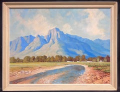 Mid 20th Century South African River Landscape Oil Painting Dramatic Mountains
