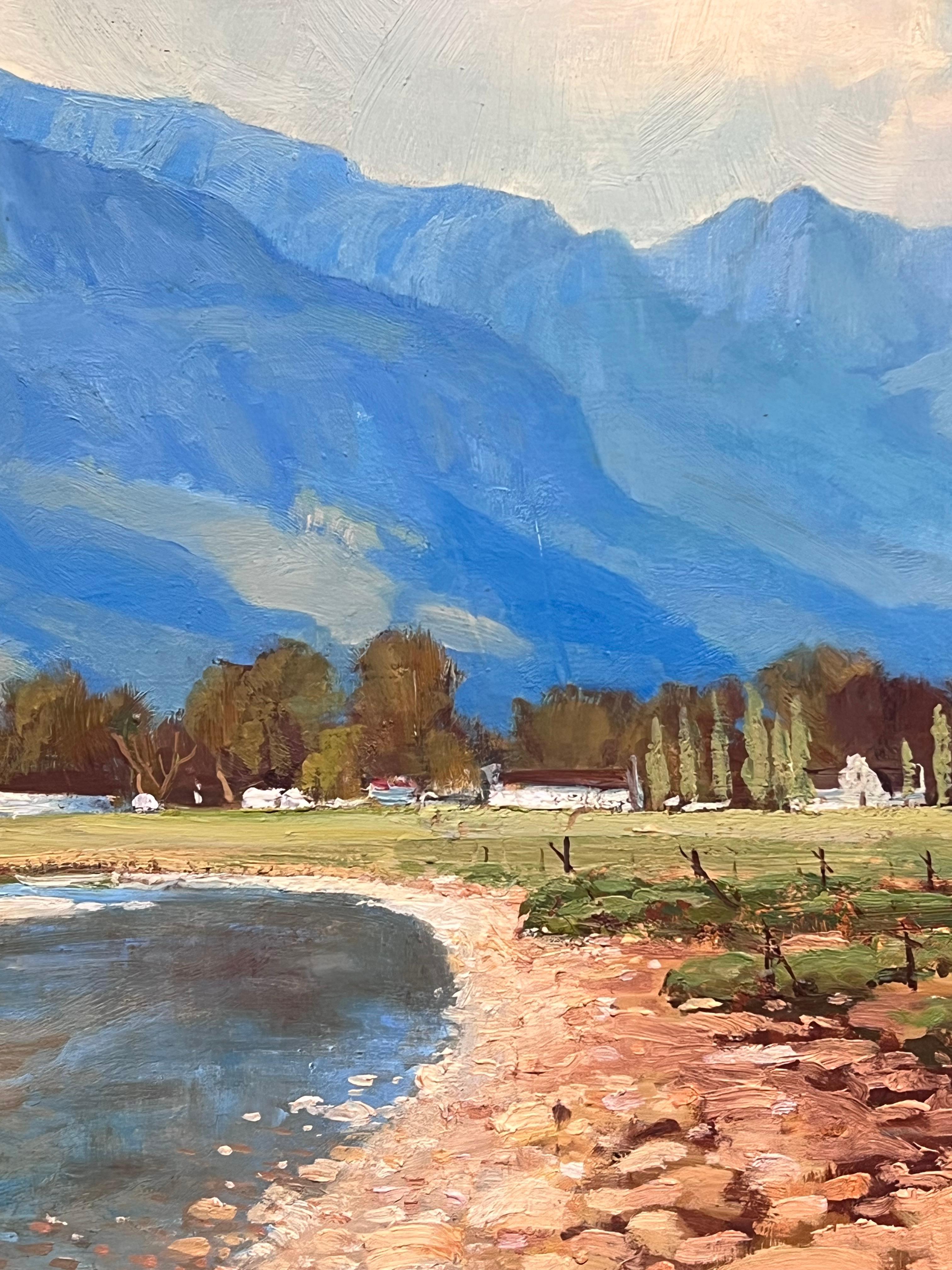 Mid 20th Century South African River Landscape Oil Painting Dramatic Mountains For Sale 1