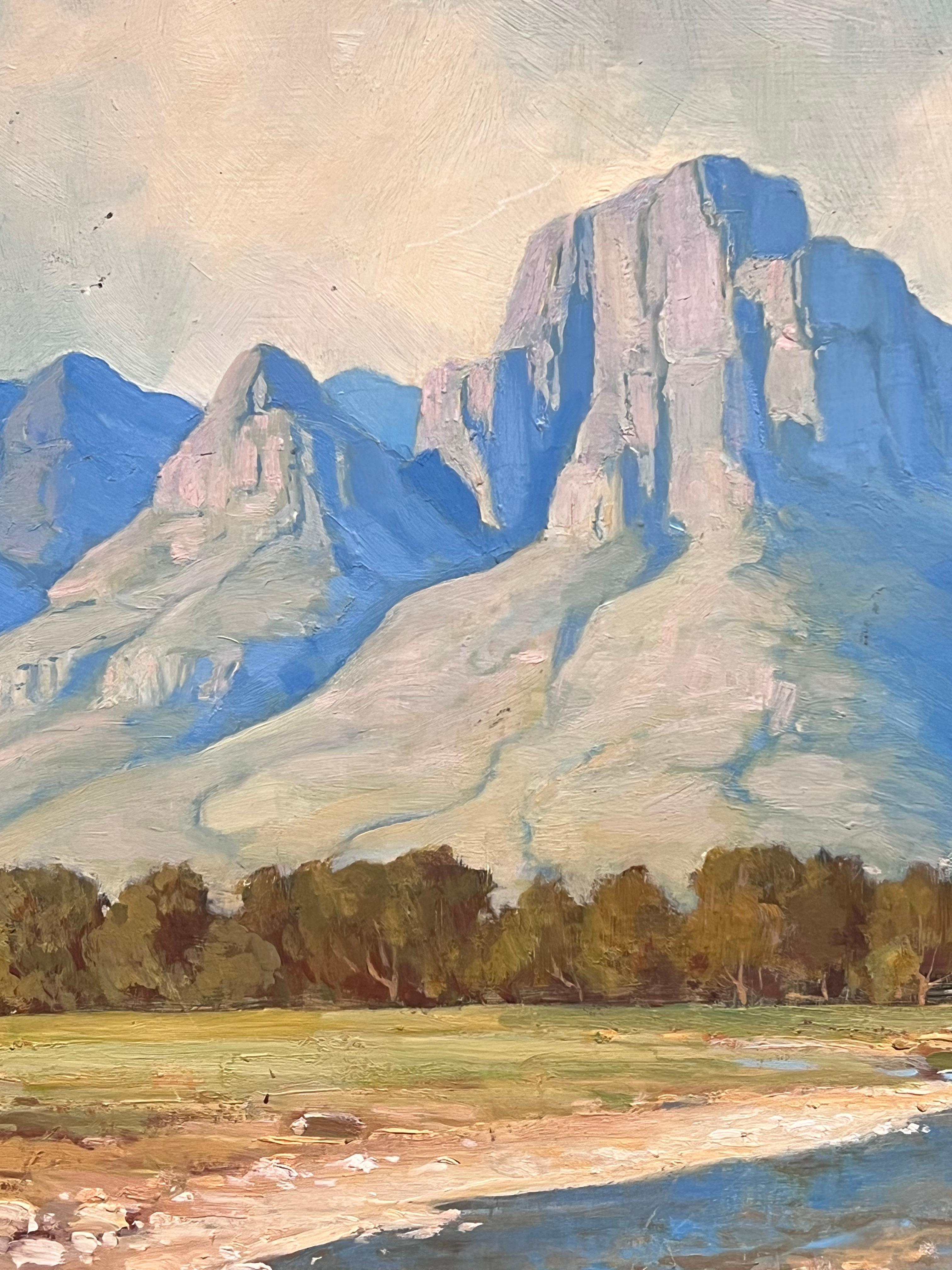 Mid 20th Century South African River Landscape Oil Painting Dramatic Mountains For Sale 2