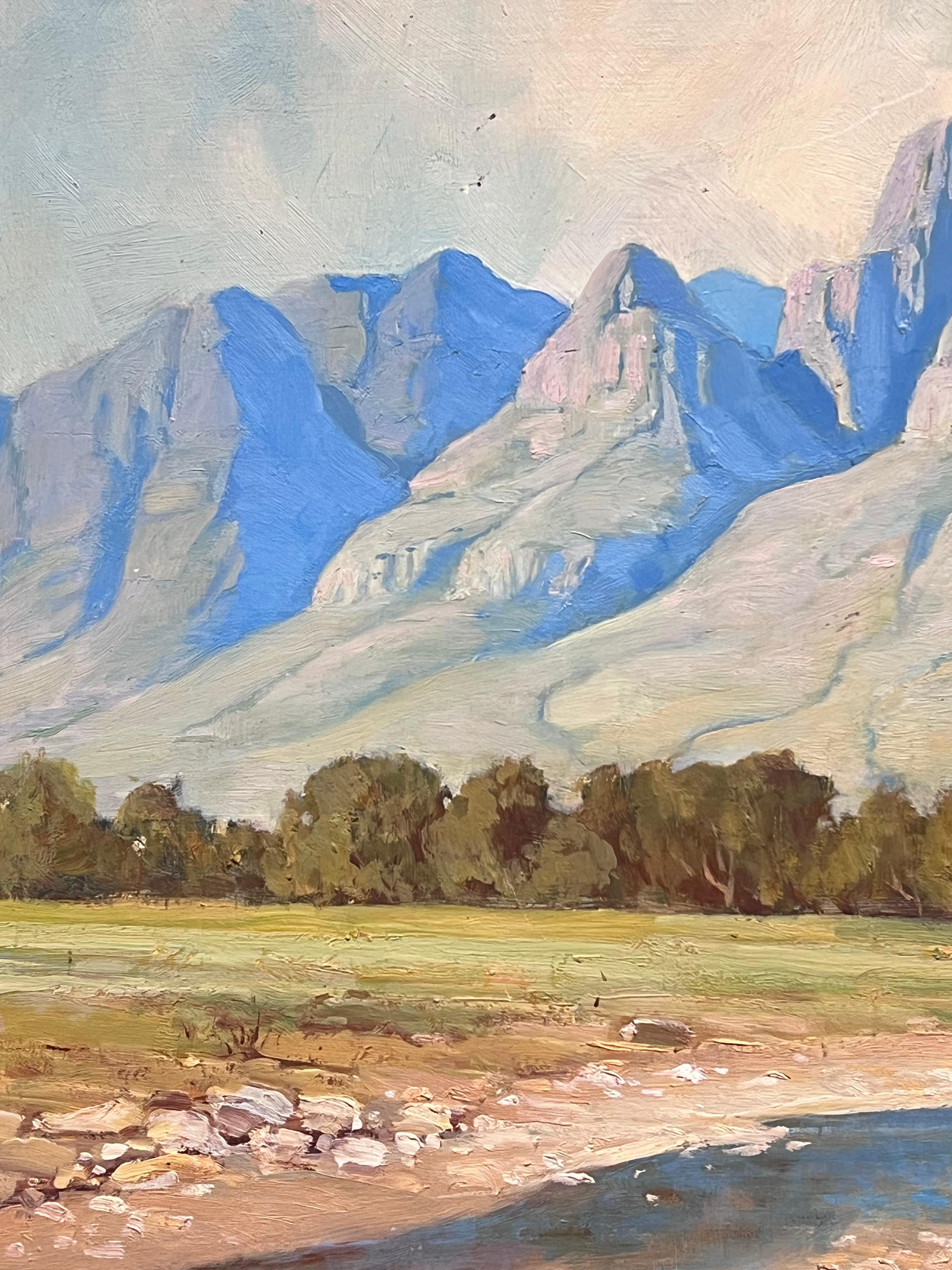 Mid 20th Century South African River Landscape Oil Painting Dramatic Mountains For Sale 4