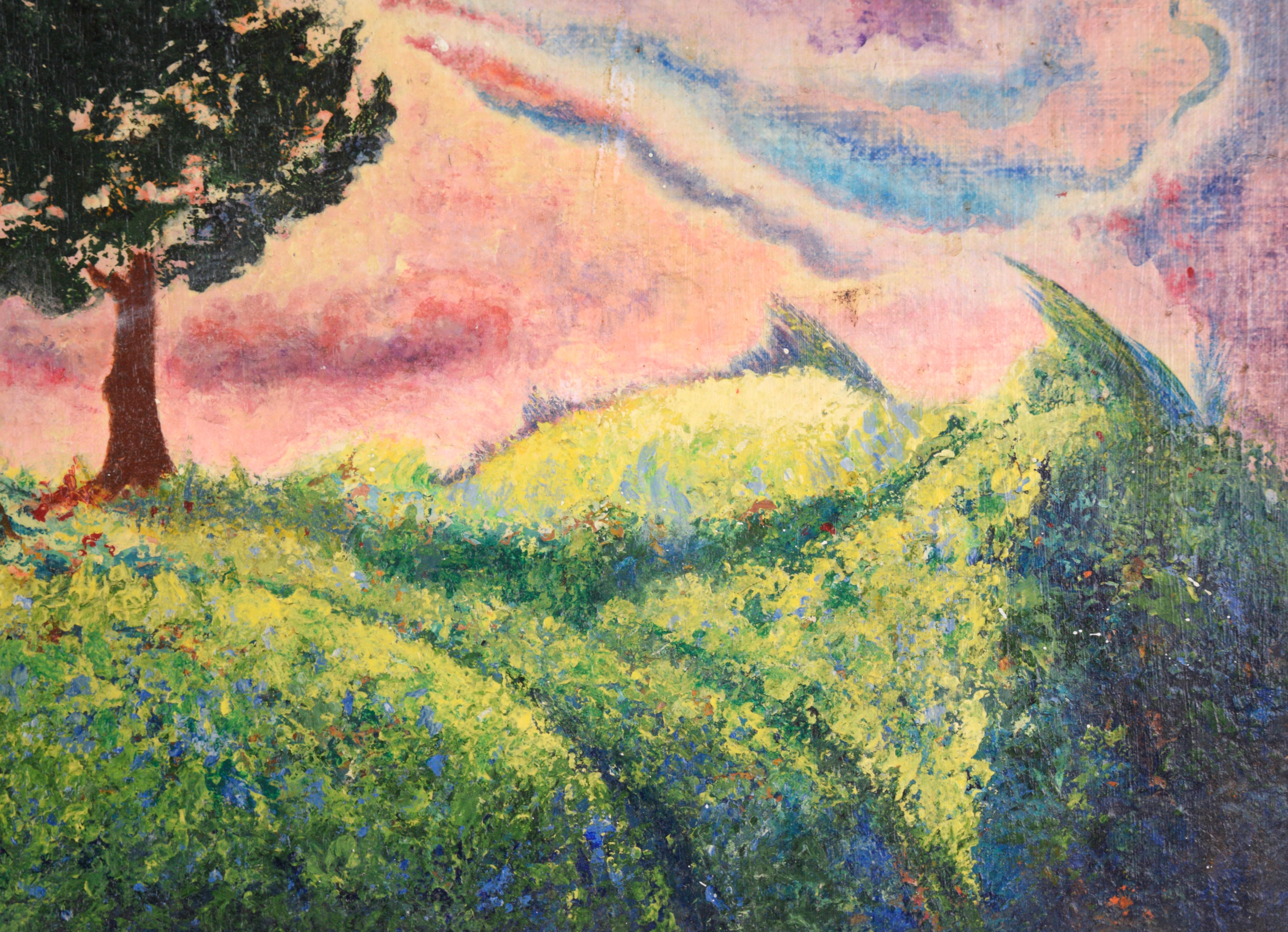 Lebendige Landschaft mit einer Baumgruppe von H. W. Shankle (20. Jahrhundert). Die Bäume, die Wolken und der Boden werden durcheinander gewirbelt, als ob sie durch die Perspektive des Betrachters verzerrt würden, was der Komposition ein