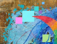 Surrealist Landscape with Feathered Object in Acrylic, Paper, and Gold Leaf