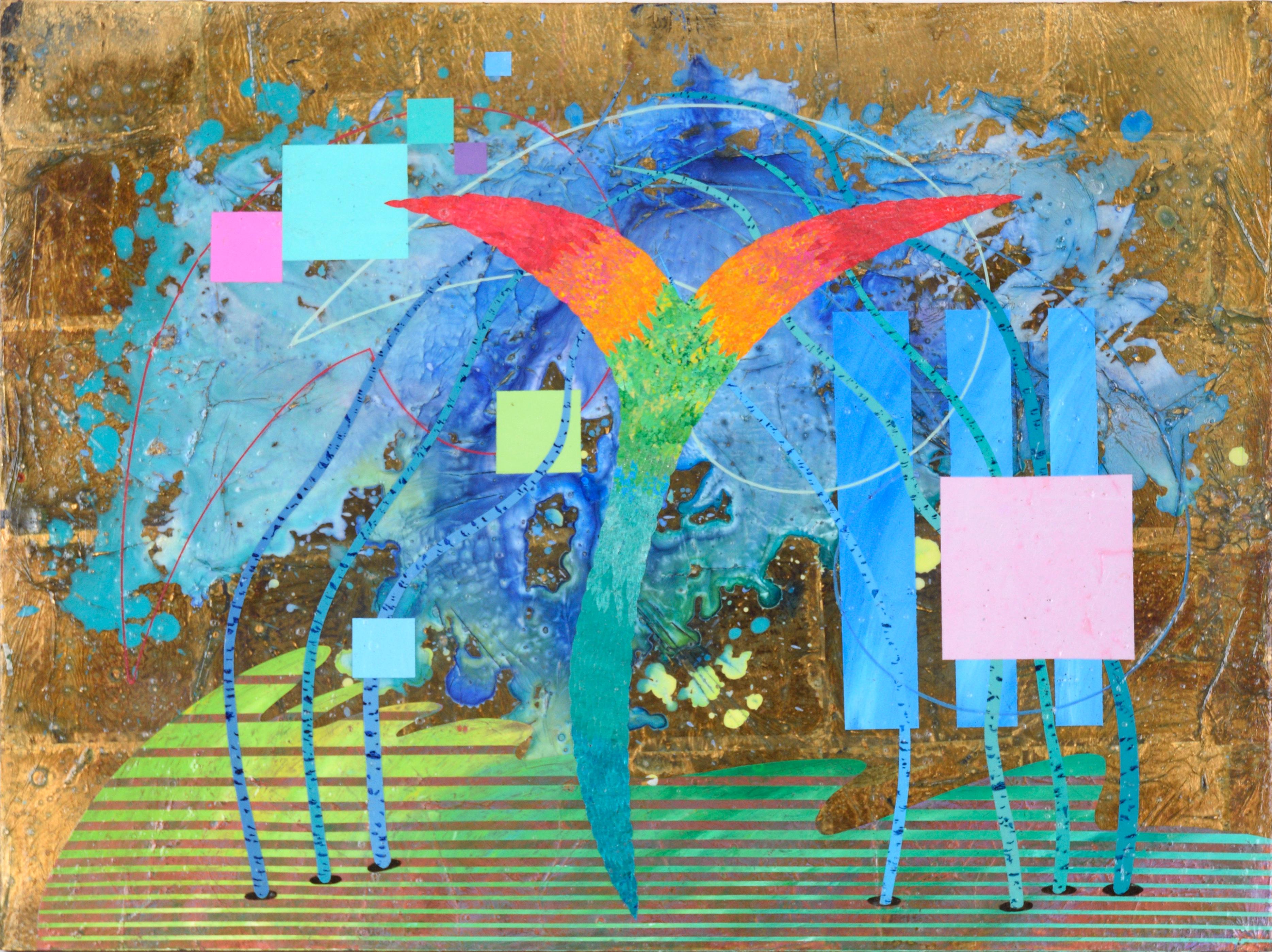 Hugh Webb Abstract Painting - Surrealist Landscape with Feathered Object in Acrylic, Paper, and Gold Leaf