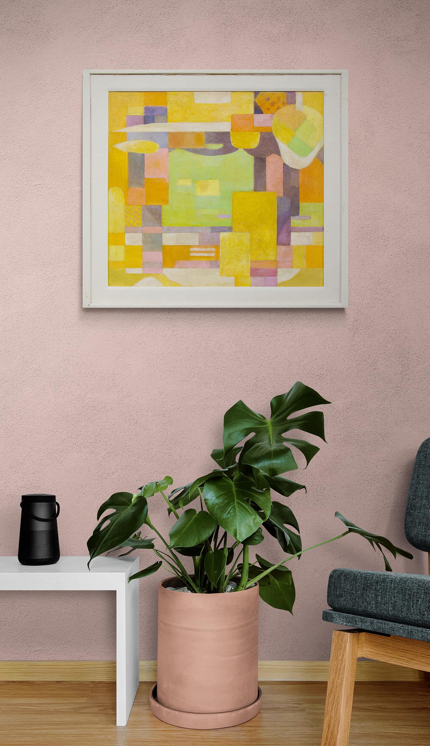 Harbor, Framed Mid Century Abstract Oil Painting, Pink Orange Yellow Green For Sale 1