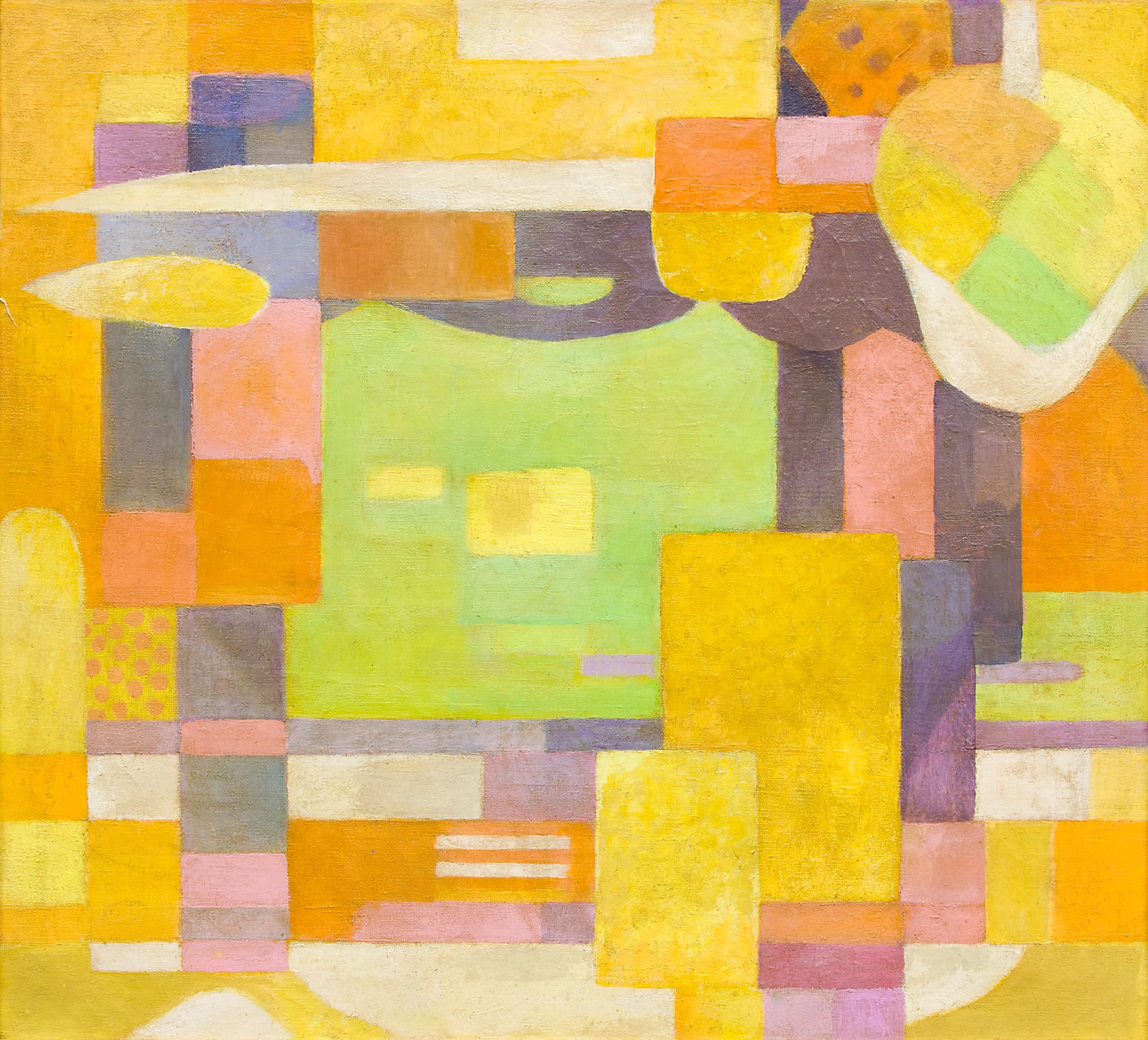 Hafen, gerahmtes abstraktes Ölgemälde aus der Mitte des Jahrhunderts, Rosa Orange Gelb Grün (Abstrakt), Painting, von Hugh Weller