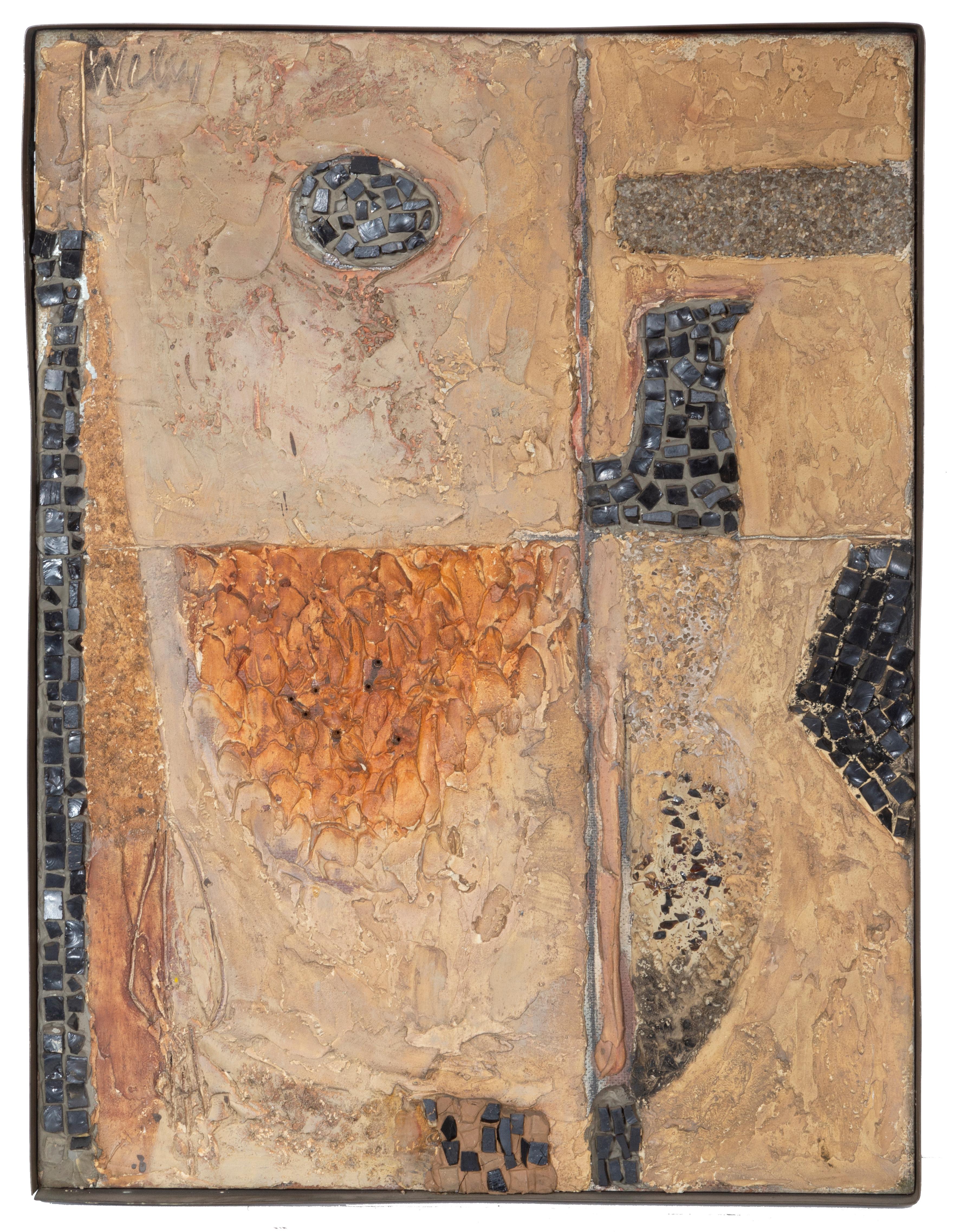 Künstler: Hugh Wiley (1922-2013)
Titel: Mosaikplatte 
Jahr: 1951
Medium: Mixed Media Mosaik auf Leinwand, oben links signiert
Bildgröße: 24 x 17,5 Zoll
Rahmengröße: 24,25 x 18 Zoll